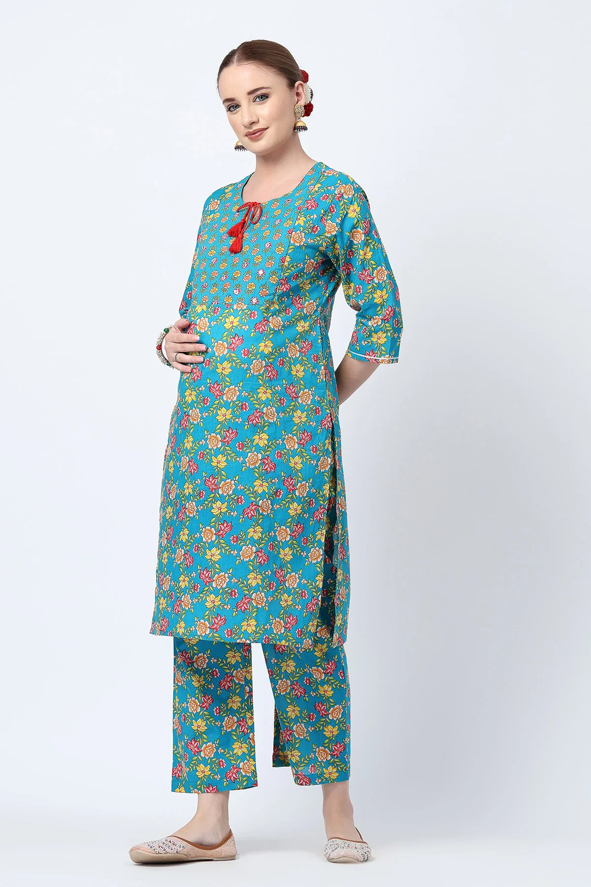 Floral Printed Zip Feeding Cotton Kurta-Pant Set - Deep Blue - Image 11
