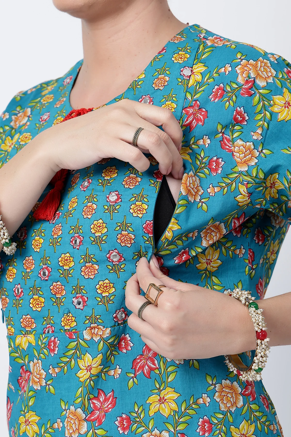 Floral Printed Zip Feeding Cotton Kurta-Pant Set - Deep Blue - Image 2