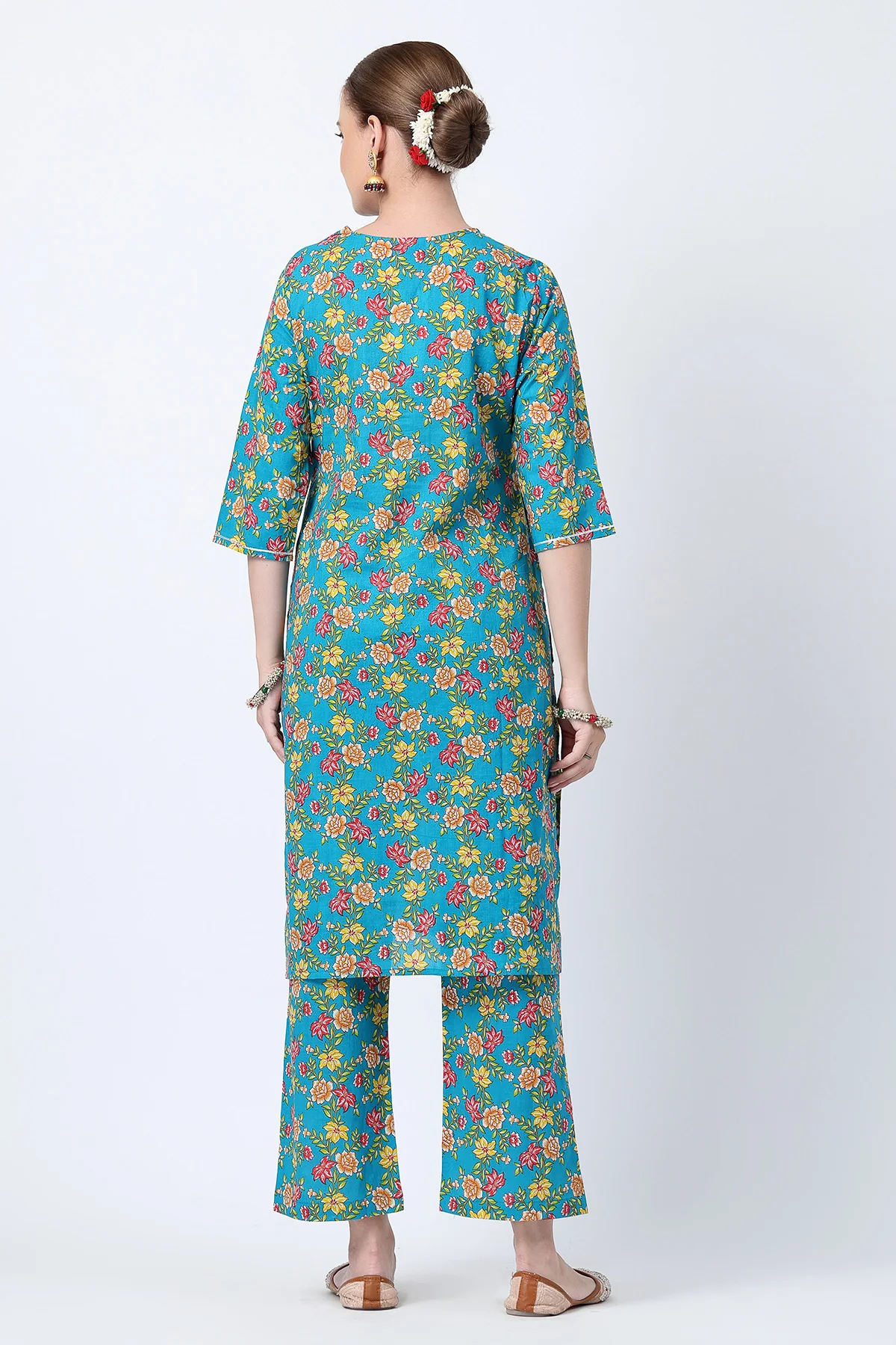 Floral Printed Zip Feeding Cotton Kurta-Pant Set - Deep Blue - Image 3