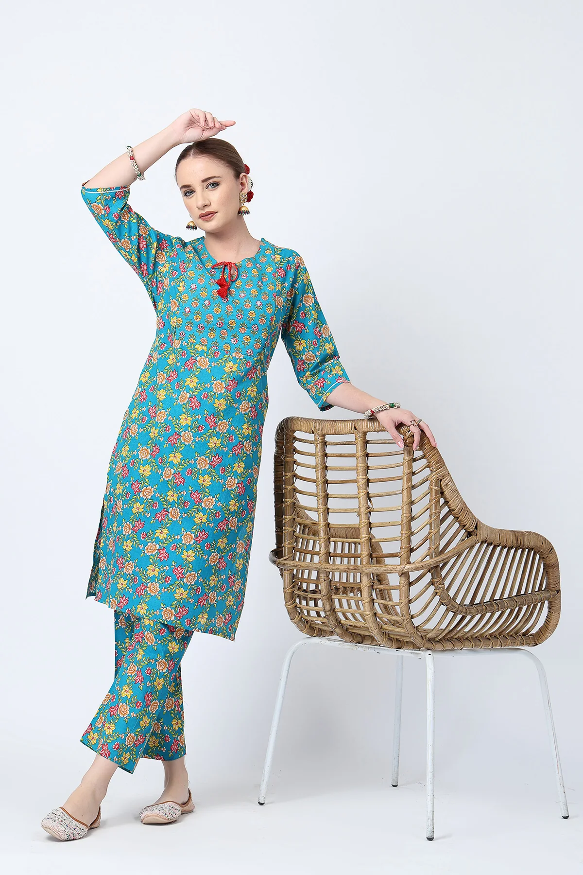 Floral Printed Zip Feeding Cotton Kurta-Pant Set - Deep Blue - Image 4