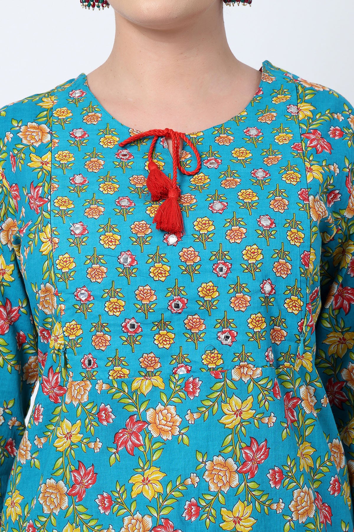 Floral Printed Zip Feeding Cotton Kurta-Pant Set - Deep Blue - Image 5
