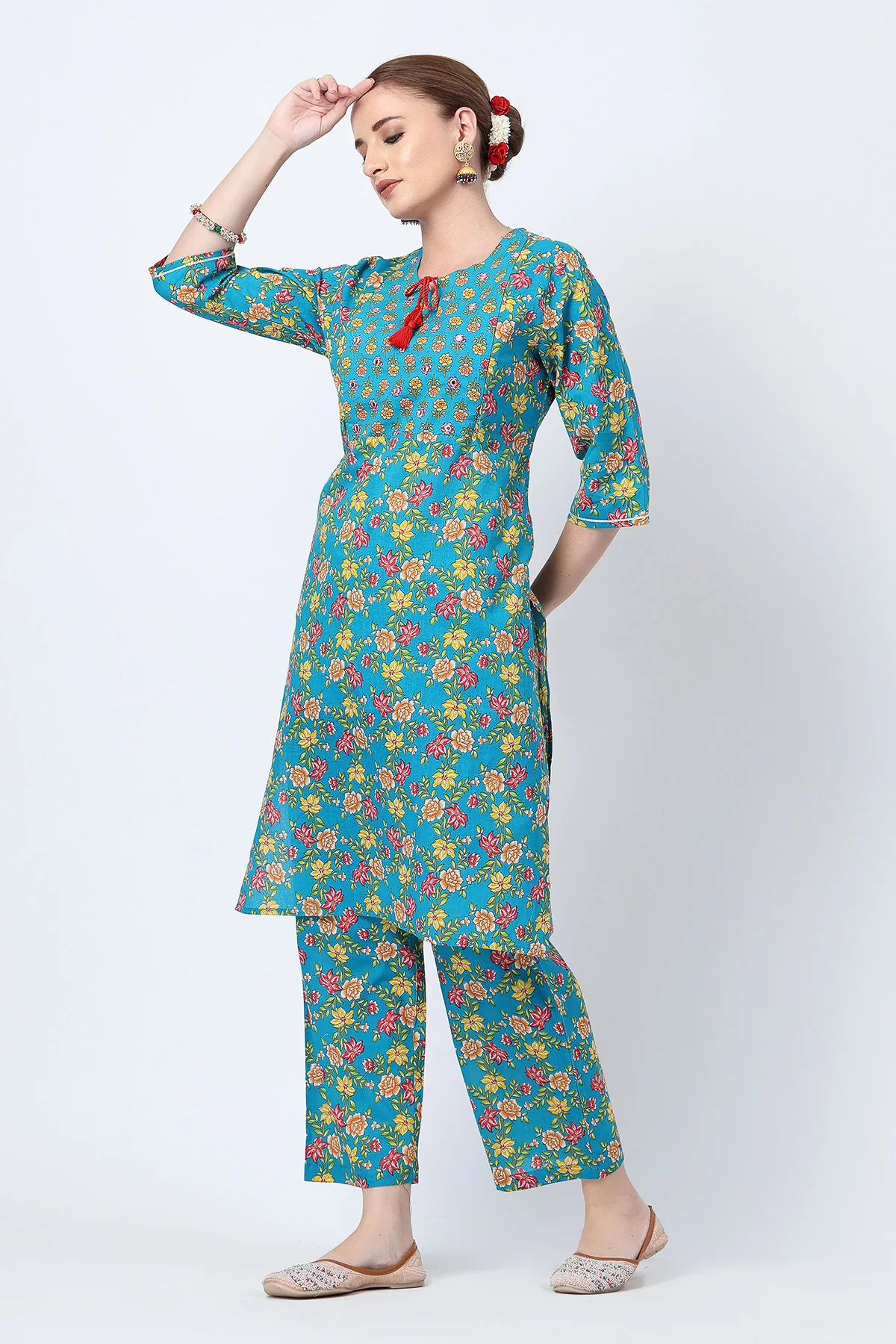 Floral Printed Zip Feeding Cotton Kurta-Pant Set - Deep Blue - Image 7