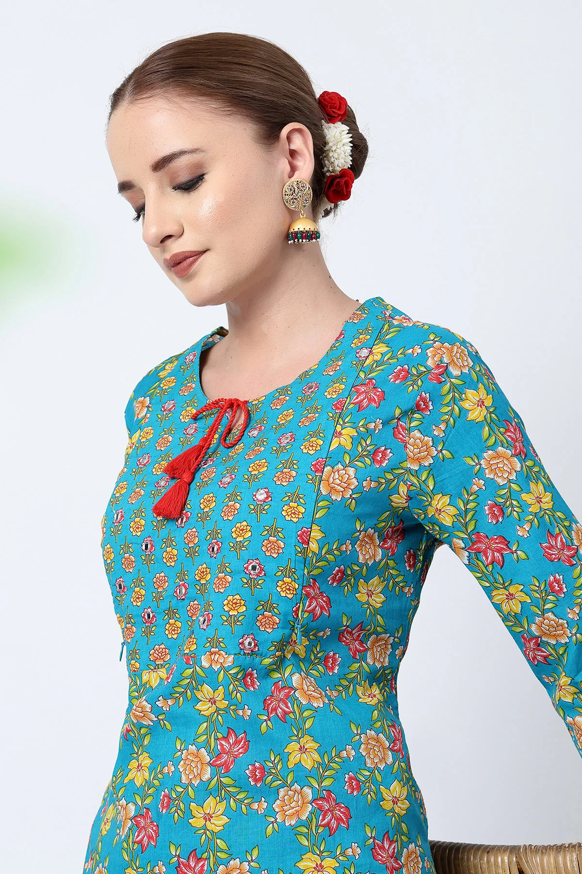 Floral Printed Zip Feeding Cotton Kurta-Pant Set - Deep Blue - Image 8
