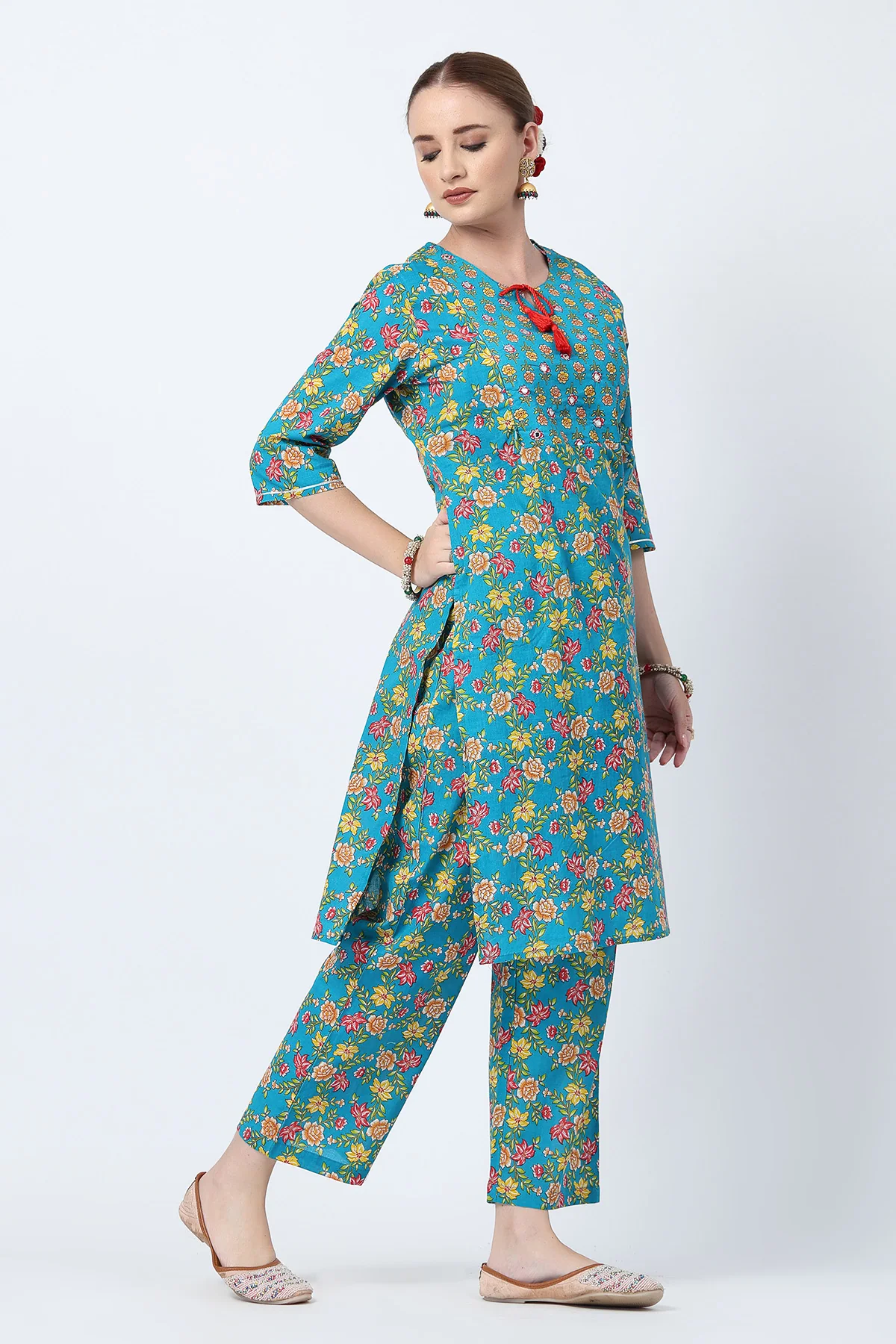 Floral Printed Zip Feeding Cotton Kurta-Pant Set - Deep Blue - Image 9