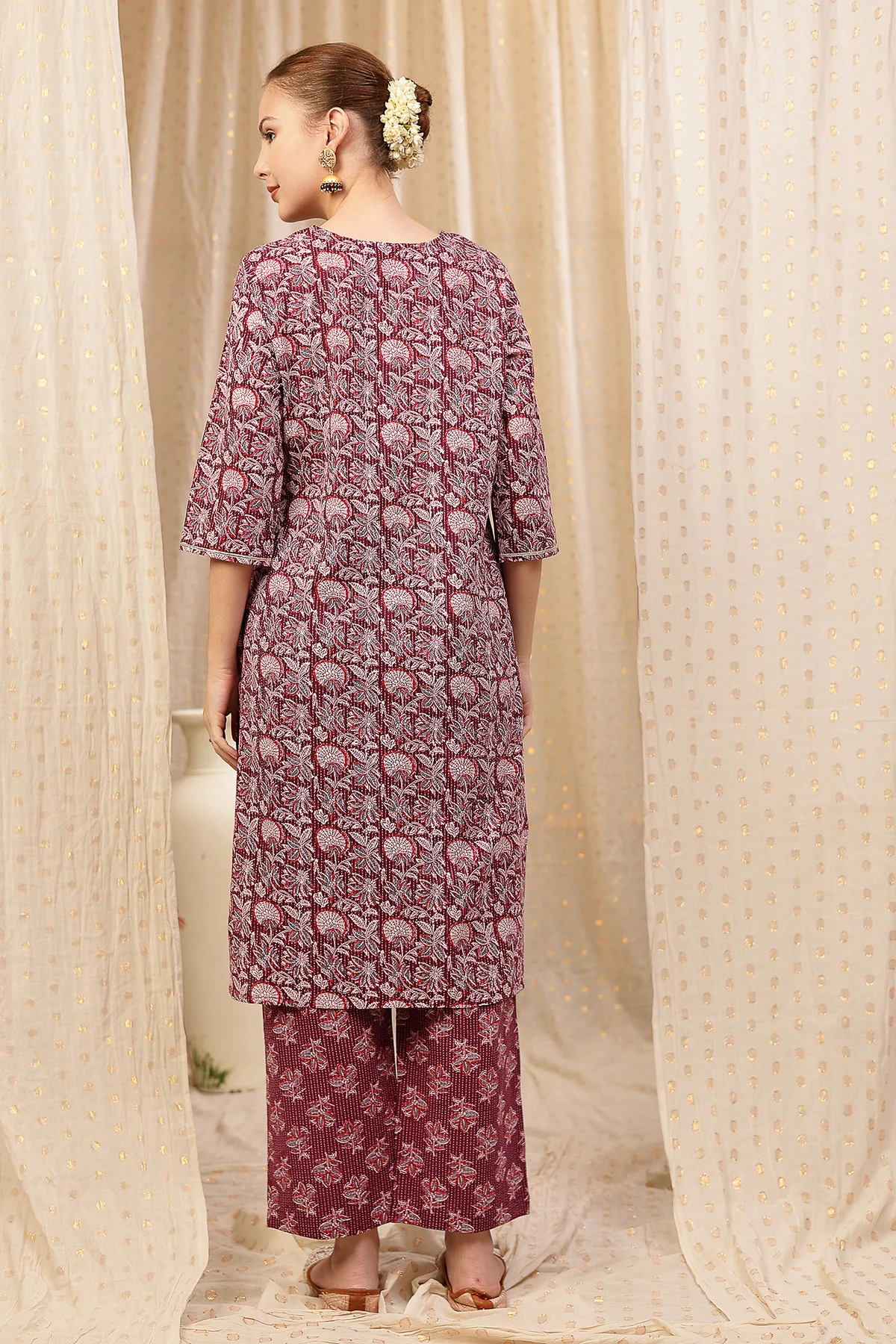 Floral Printed Zip Feeding Cotton Kurta-Pant Set - Purple - Image 3