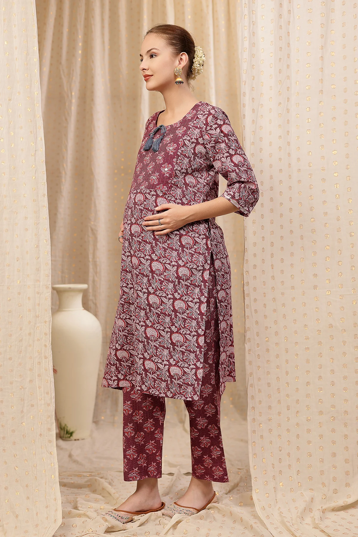 Floral Printed Zip Feeding Cotton Kurta-Pant Set - Purple - Image 4