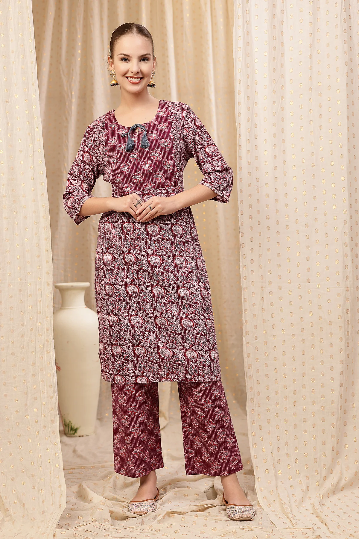 Floral Printed Zip Feeding Cotton Kurta-Pant Set - Purple - Image 6