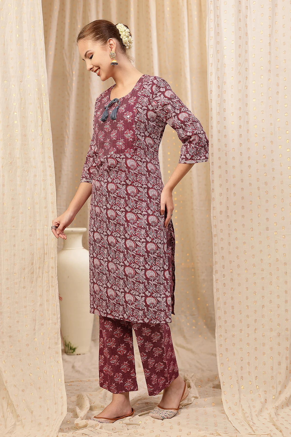 Floral Printed Zip Feeding Cotton Kurta-Pant Set - Purple - Image 8
