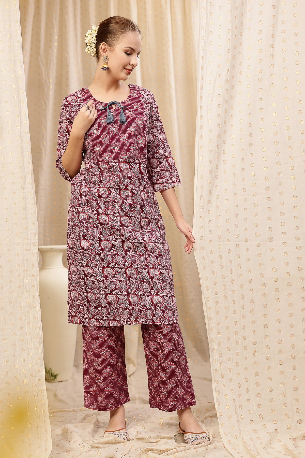 Floral Printed Zip Feeding Cotton Kurta-Pant Set - Purple - Image 9