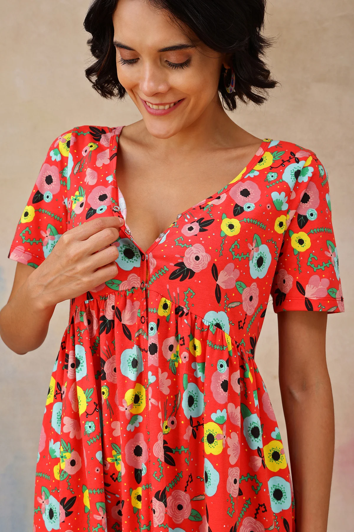 Floral Printed Zipless Feeding Dress - Red - Image 2