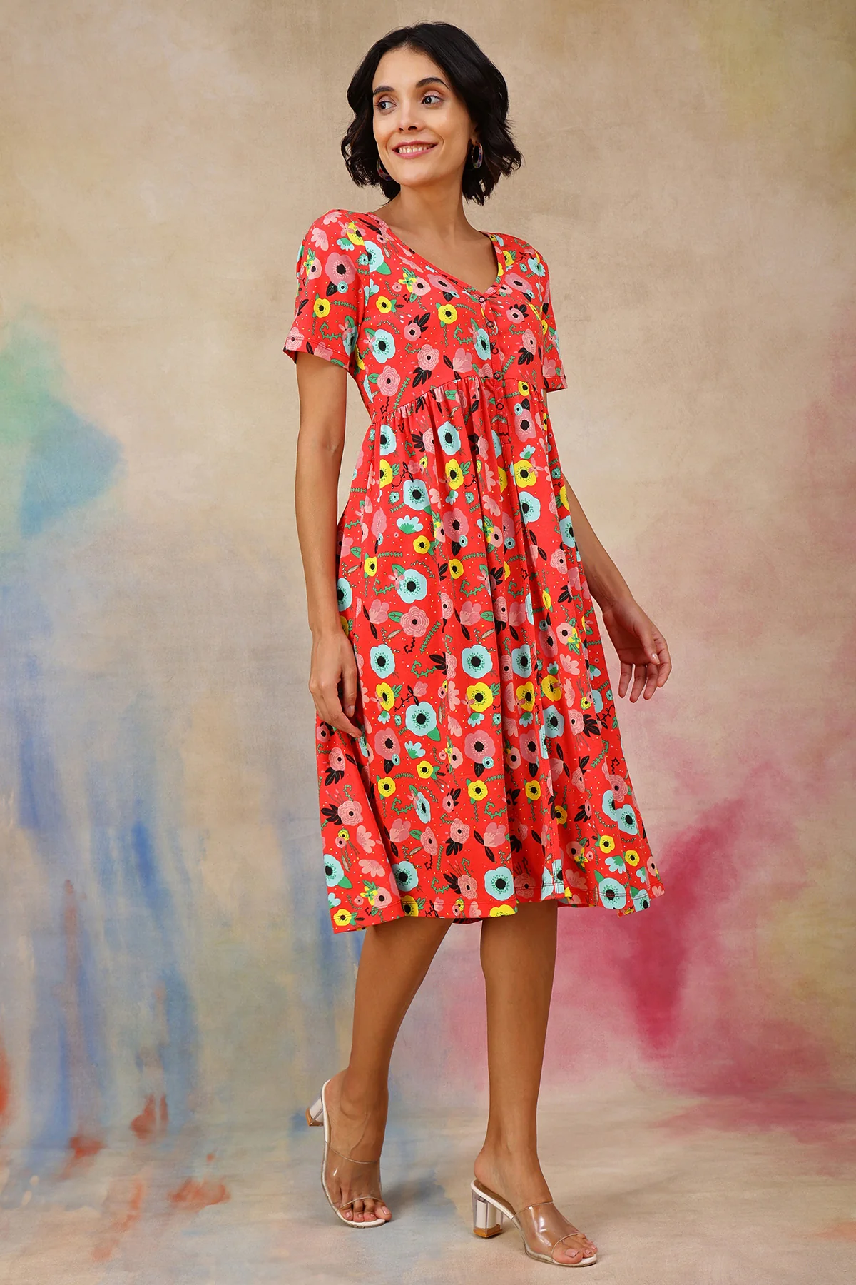 Floral Printed Zipless Feeding Dress - Red - Image 3