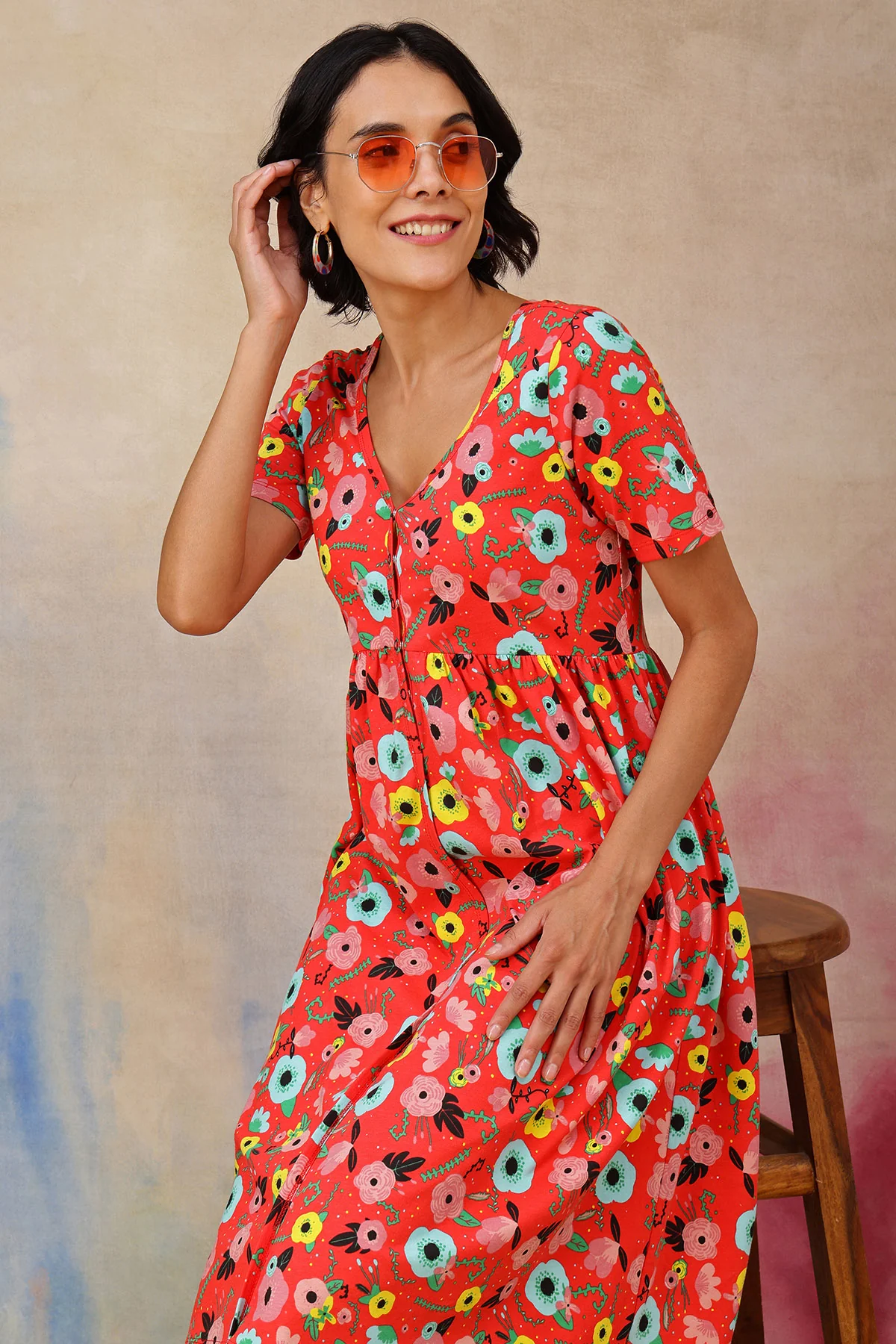 Floral Printed Zipless Feeding Dress - Red - Image 4