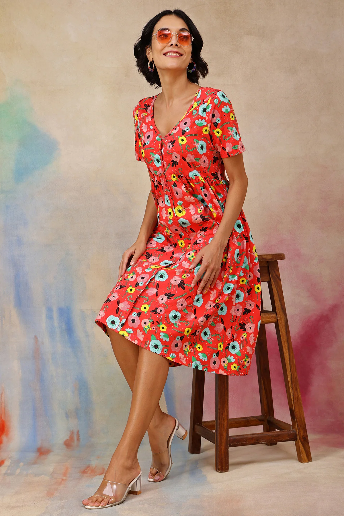 Floral Printed Zipless Feeding Dress - Red - Image 5