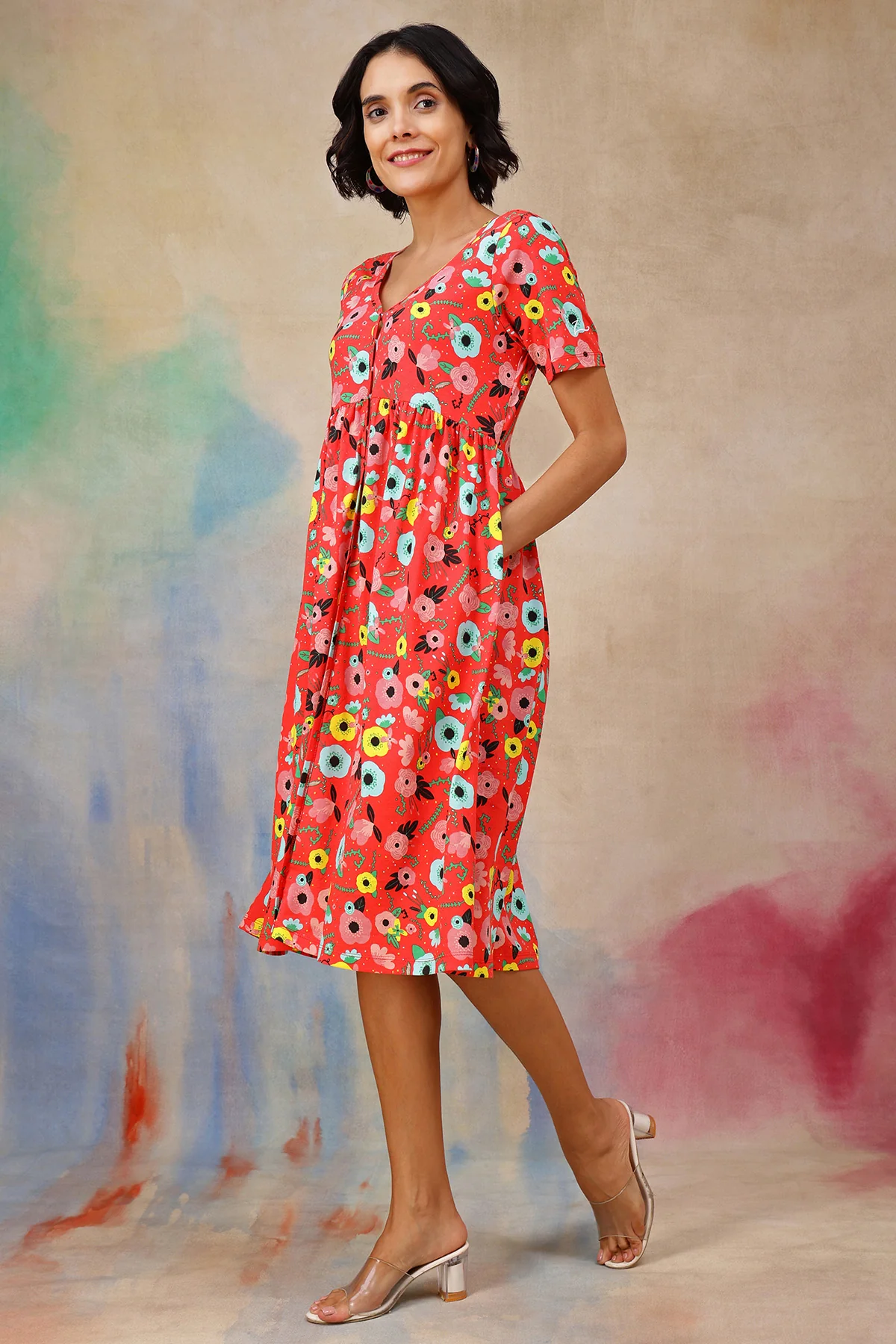 Floral Printed Zipless Feeding Dress - Red - Image 6