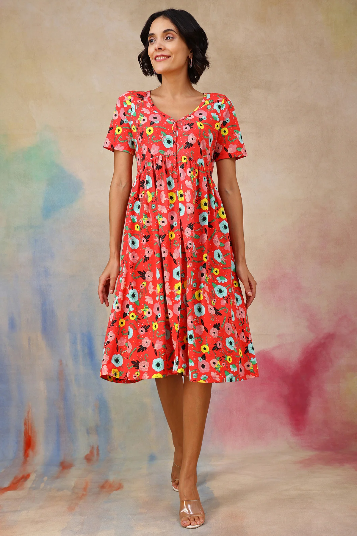 Floral Printed Zipless Feeding Dress - Red - Image 7