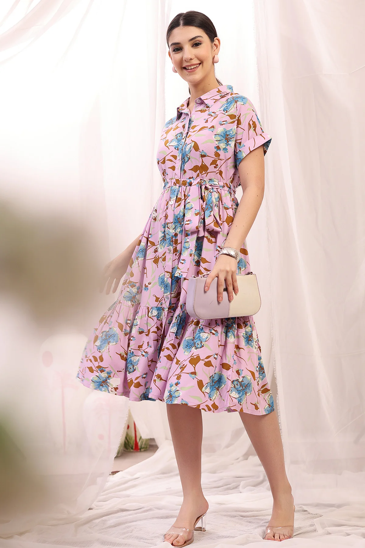Floral Printed Zipless Feeding Maternity Dress - Pink - Image 10