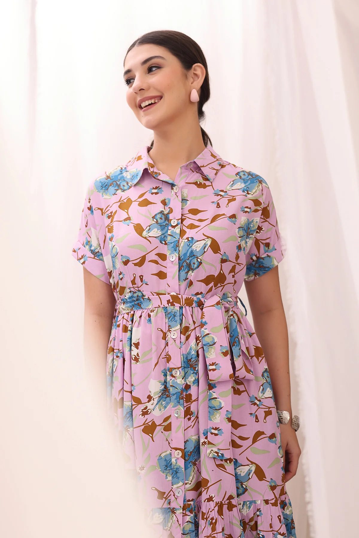 Floral Printed Zipless Feeding Maternity Dress - Pink - Image 12