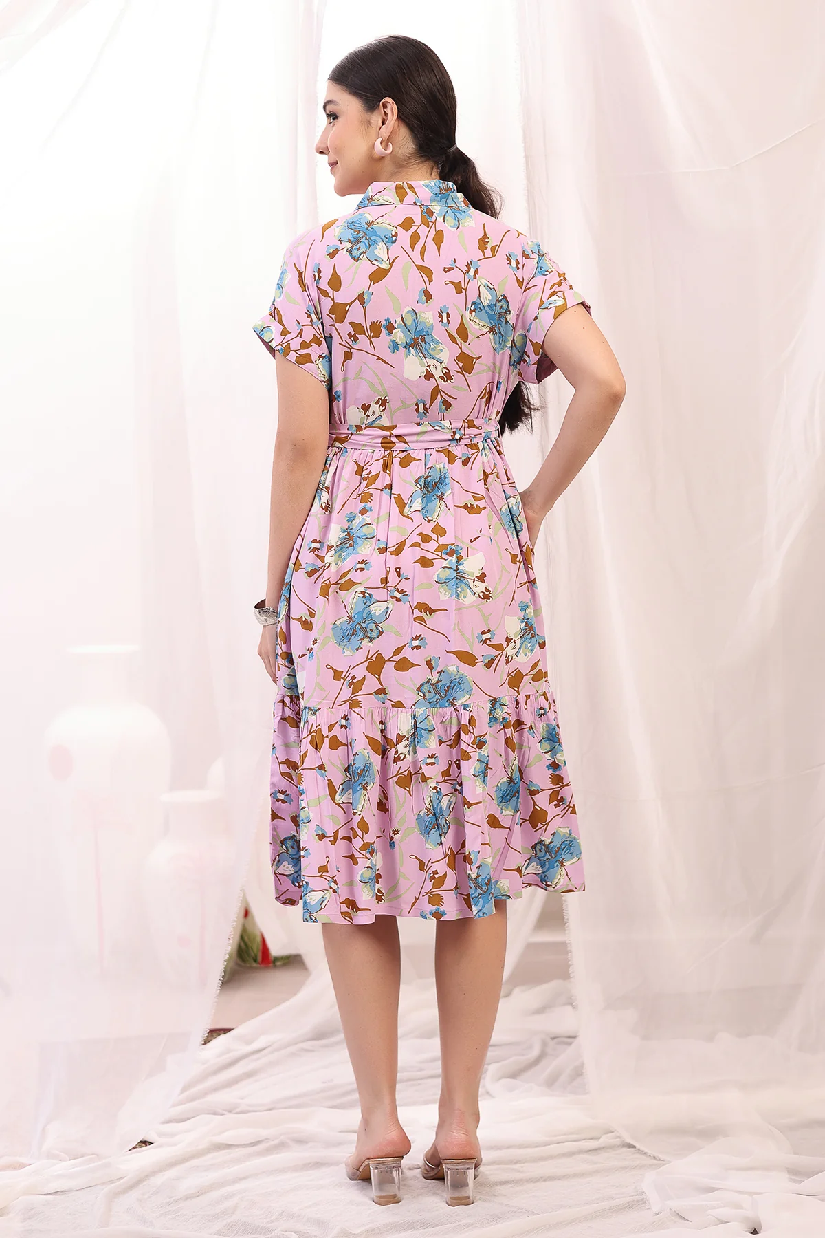 Floral Printed Zipless Feeding Maternity Dress - Pink - Image 3