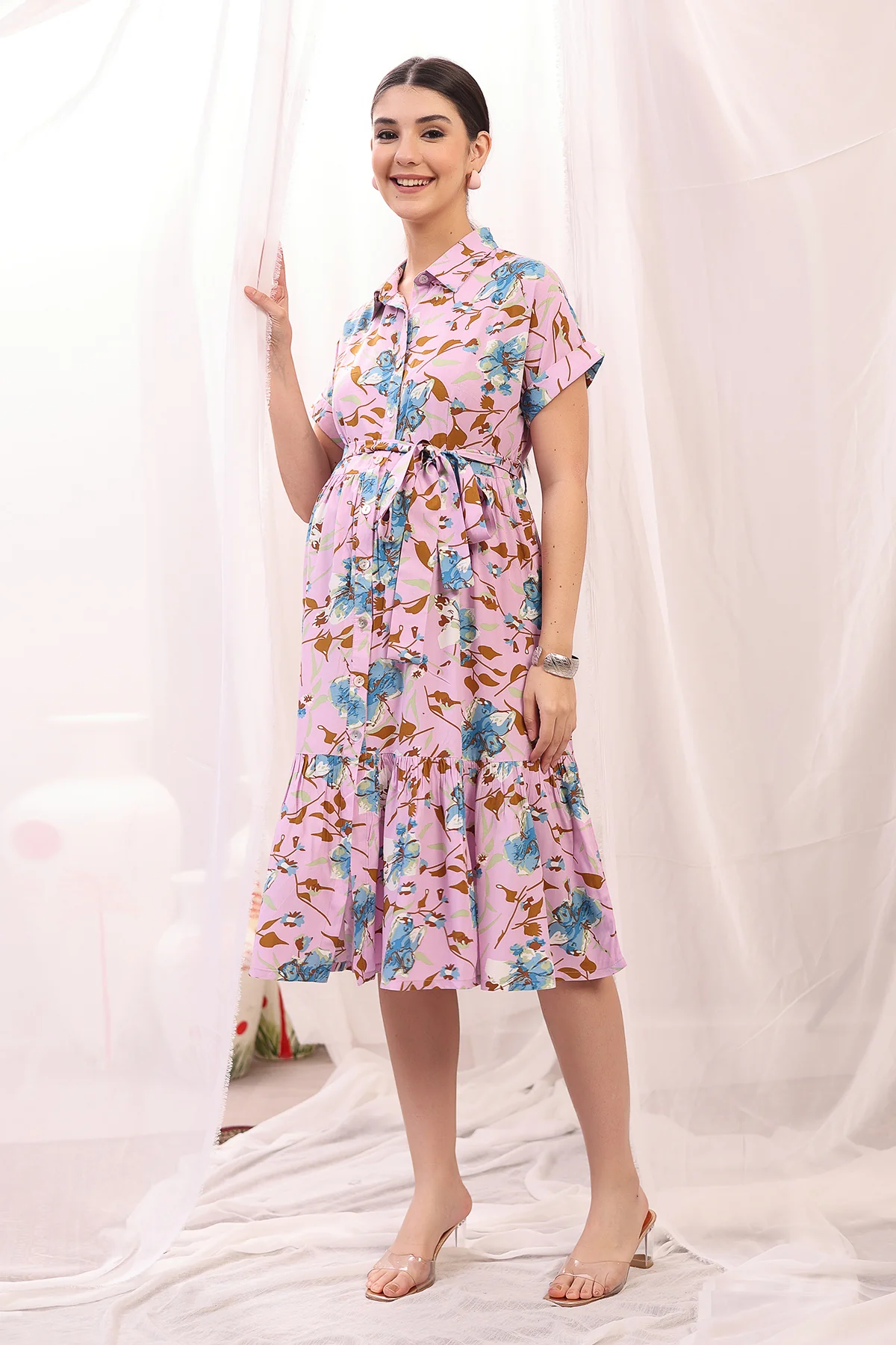Floral Printed Zipless Feeding Maternity Dress - Pink - Image 4