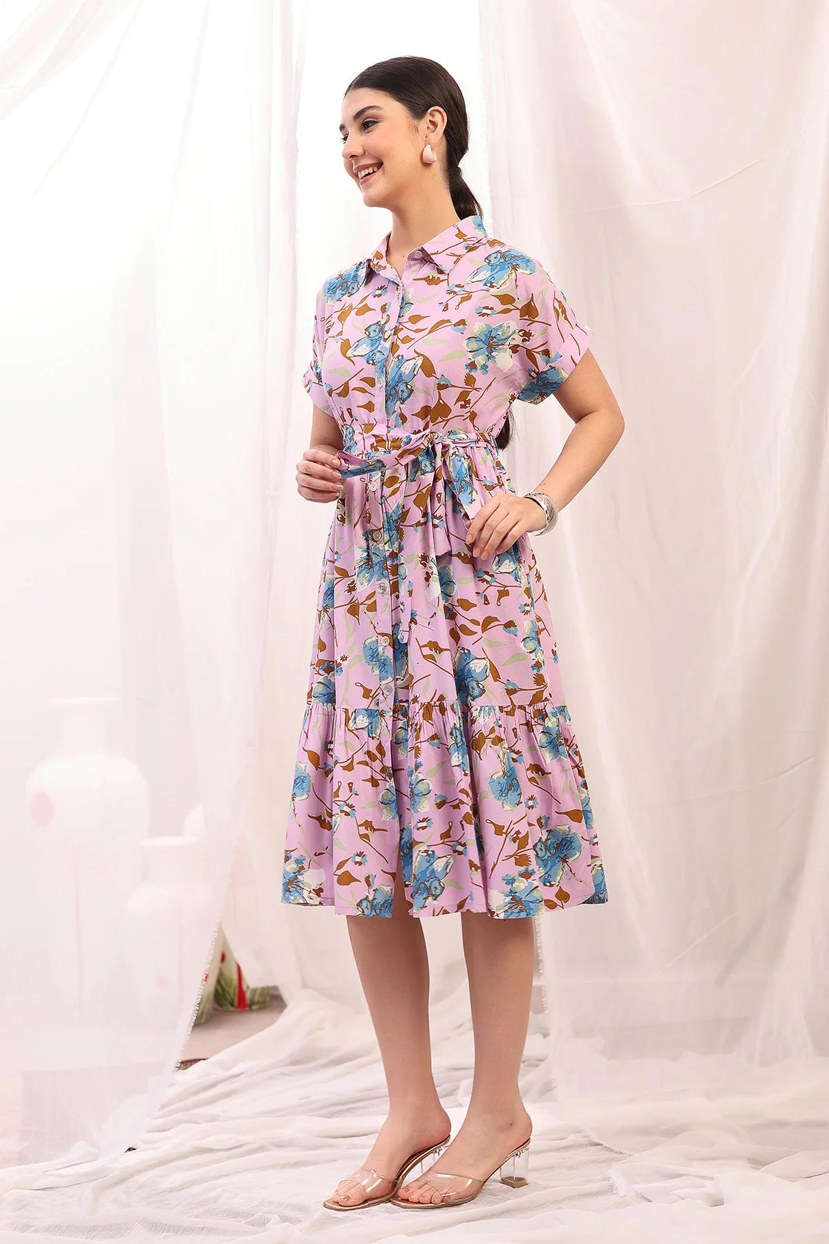 Floral Printed Zipless Feeding Maternity Dress - Pink - Image 6