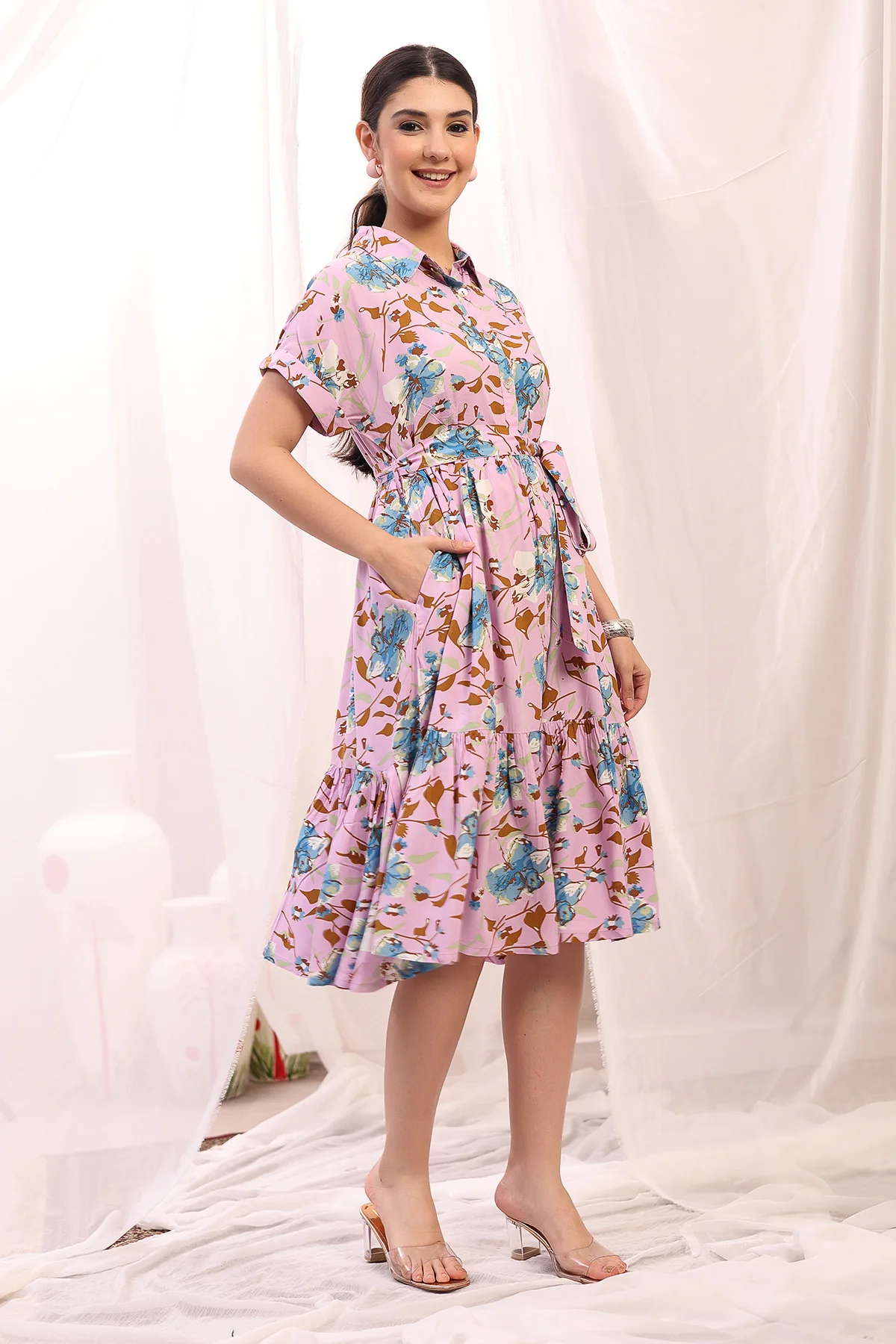 Floral Printed Zipless Feeding Maternity Dress - Pink - Image 8