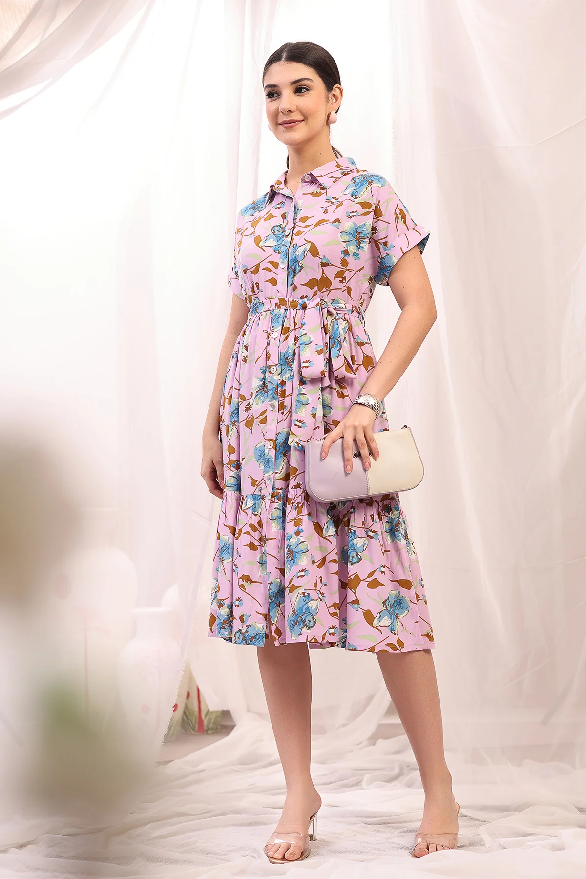 Floral Printed Zipless Feeding Maternity Dress - Pink - Image 9