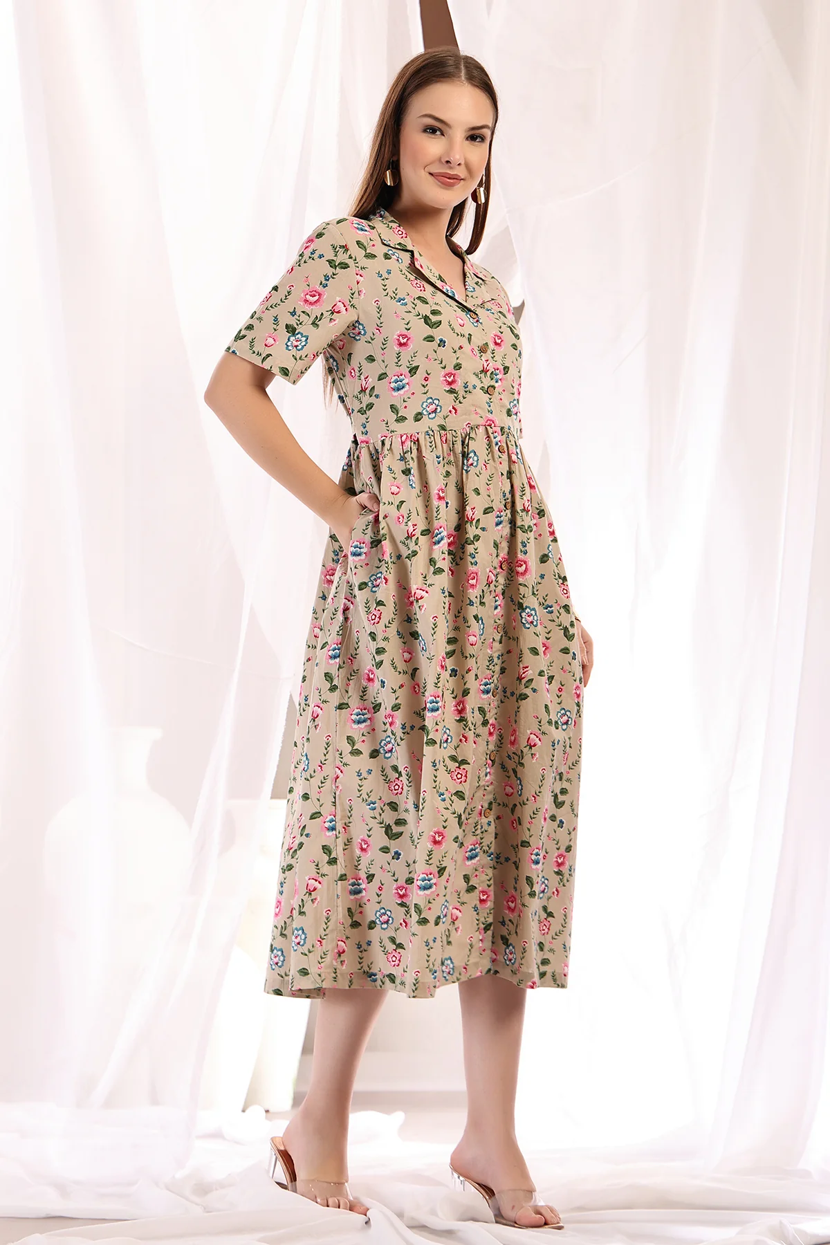 Floral Printed Zipless Feeding Shirt Dress - Light Pink - Image 10