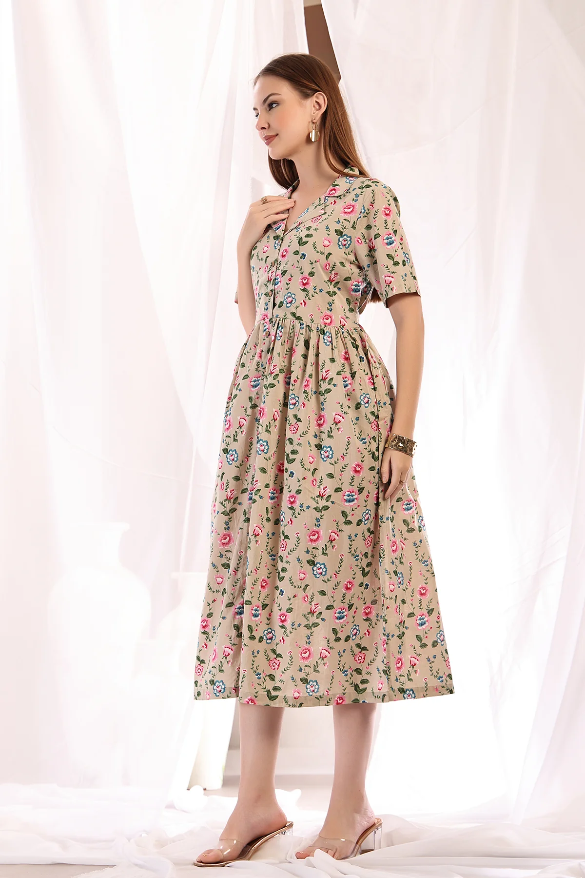Floral Printed Zipless Feeding Shirt Dress - Light Pink - Image 11