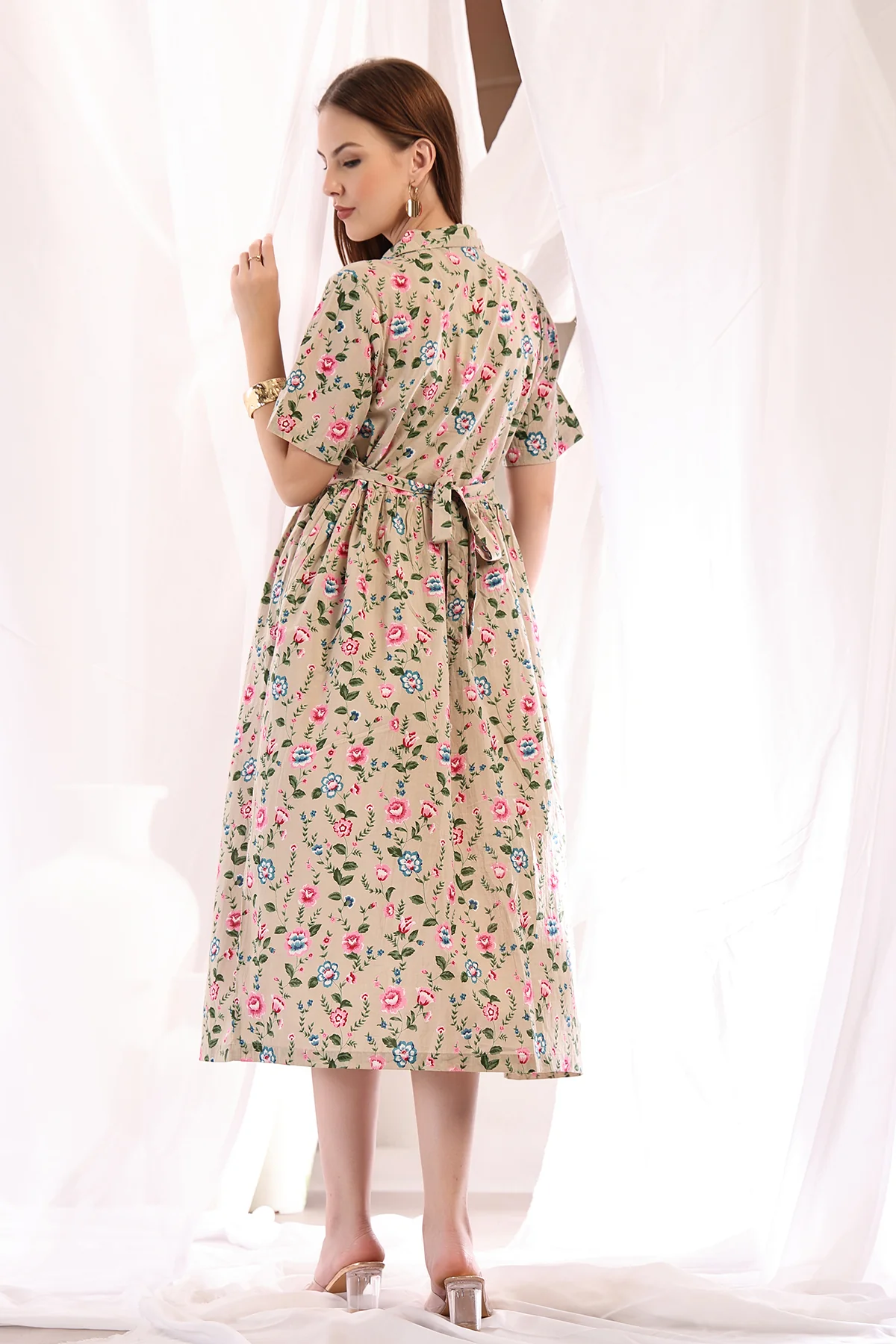 Floral Printed Zipless Feeding Shirt Dress - Light Pink - Image 3