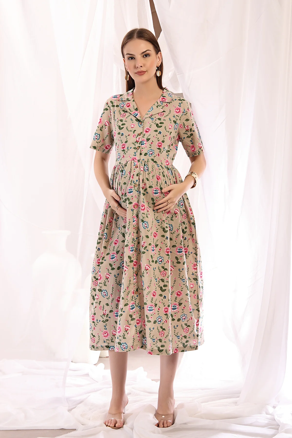 Floral Printed Zipless Feeding Shirt Dress - Light Pink - Image 4