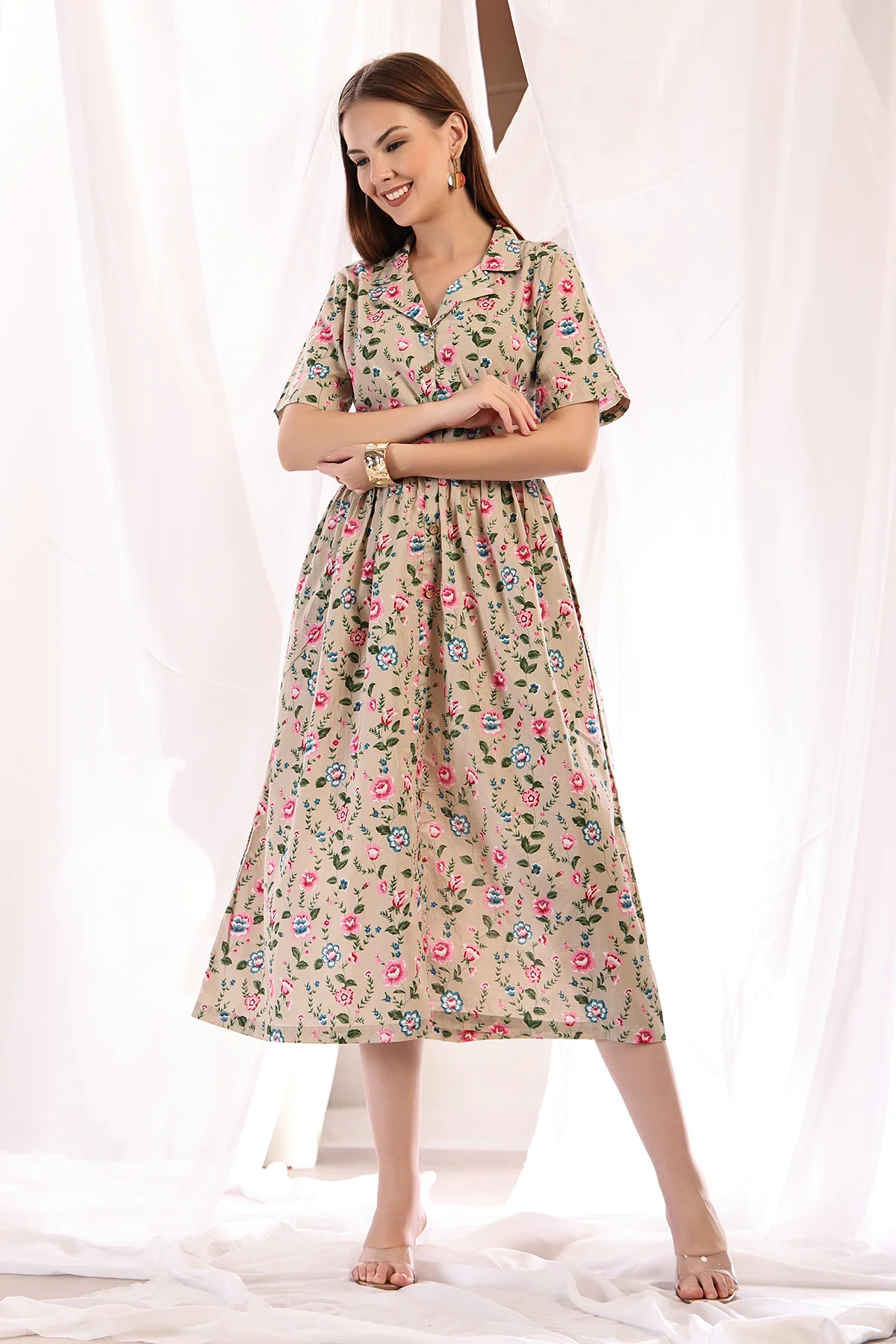 Floral Printed Zipless Feeding Shirt Dress - Light Pink - Image 6