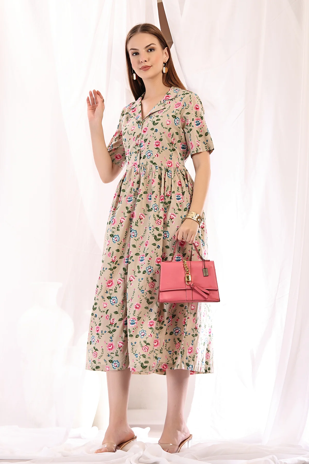 Floral Printed Zipless Feeding Shirt Dress - Light Pink - Image 7