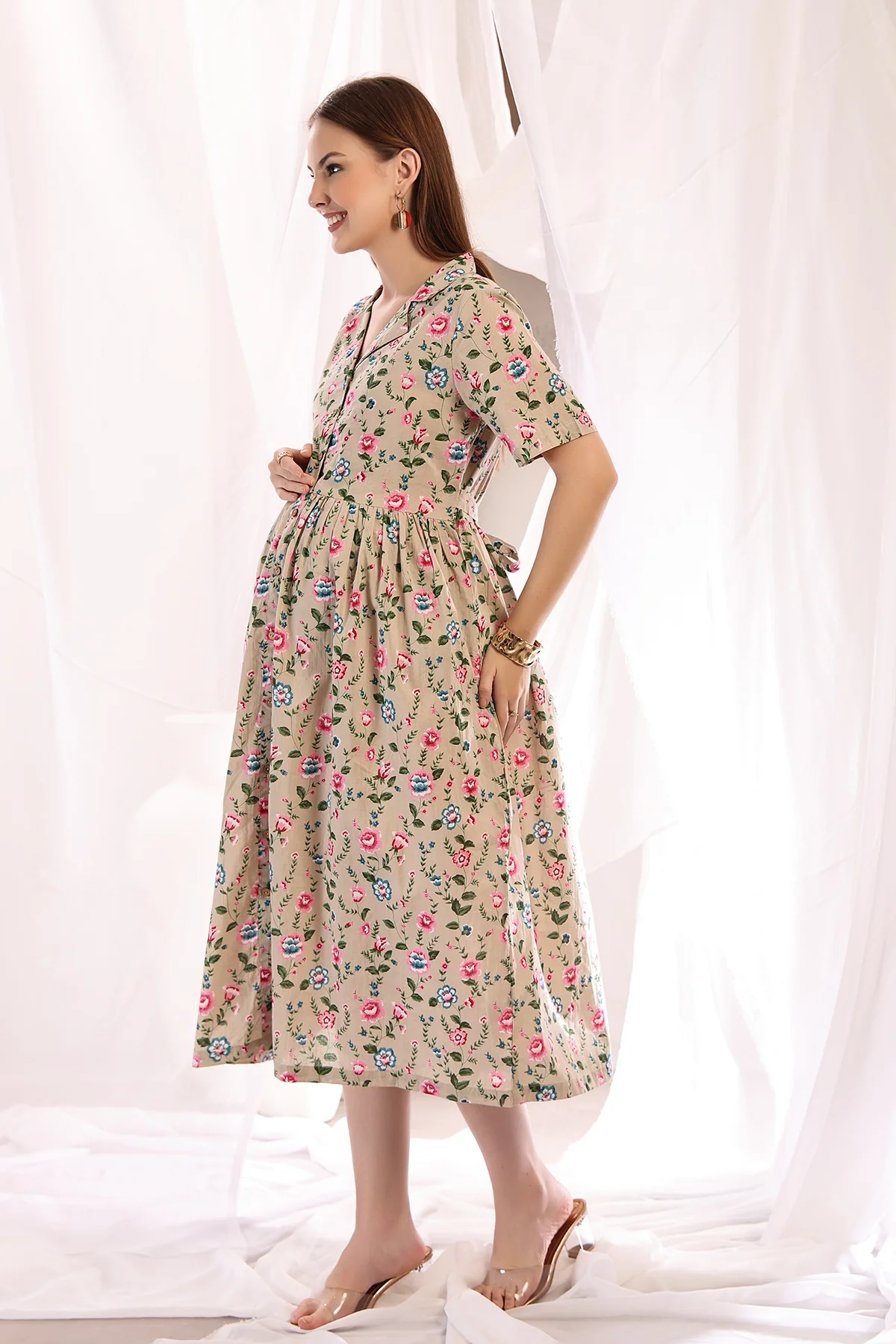 Floral Printed Zipless Feeding Shirt Dress - Light Pink - Image 8