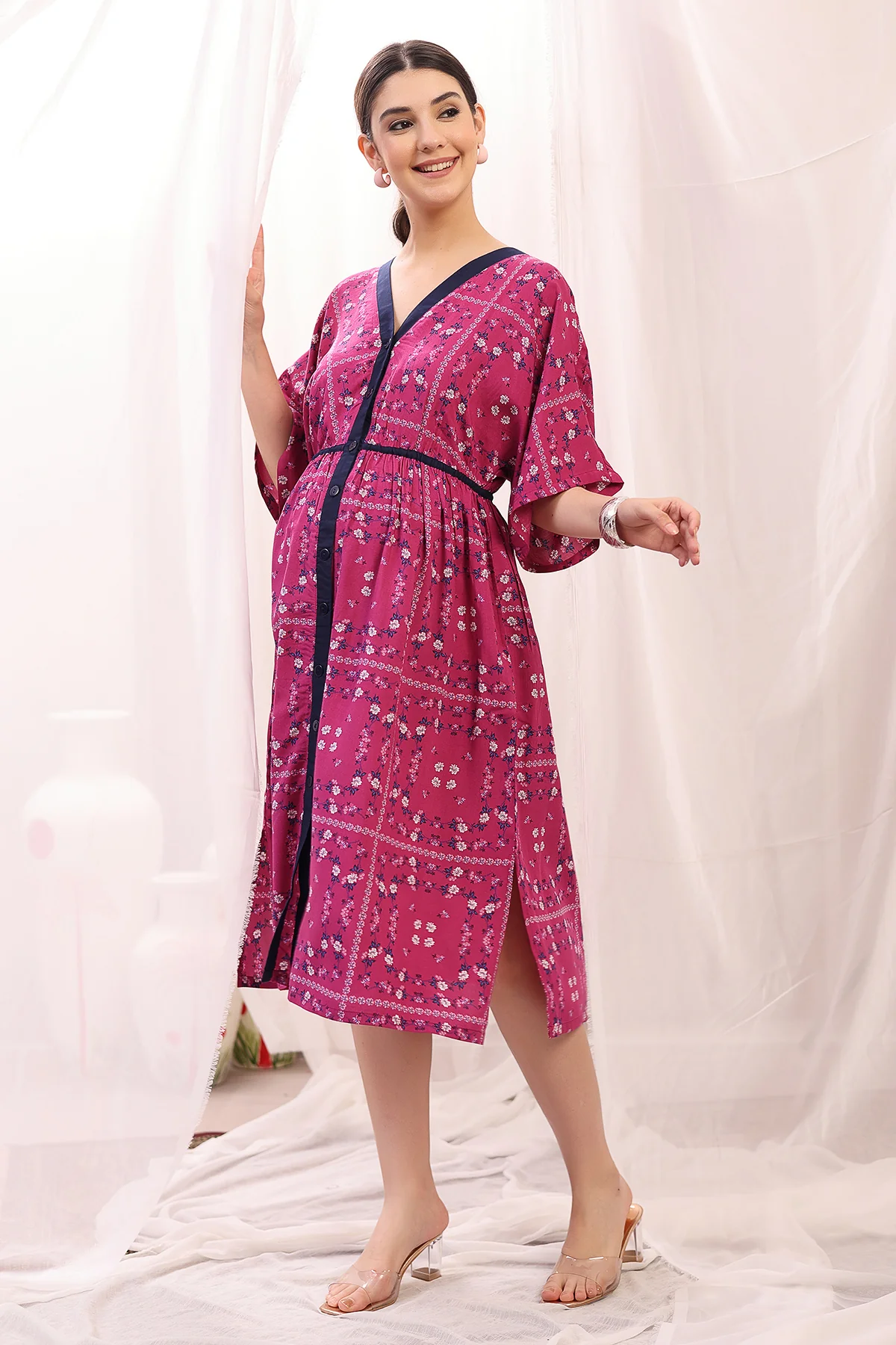 Floral Printed Zipless Feeding Shirtdress - Pink - Image 12