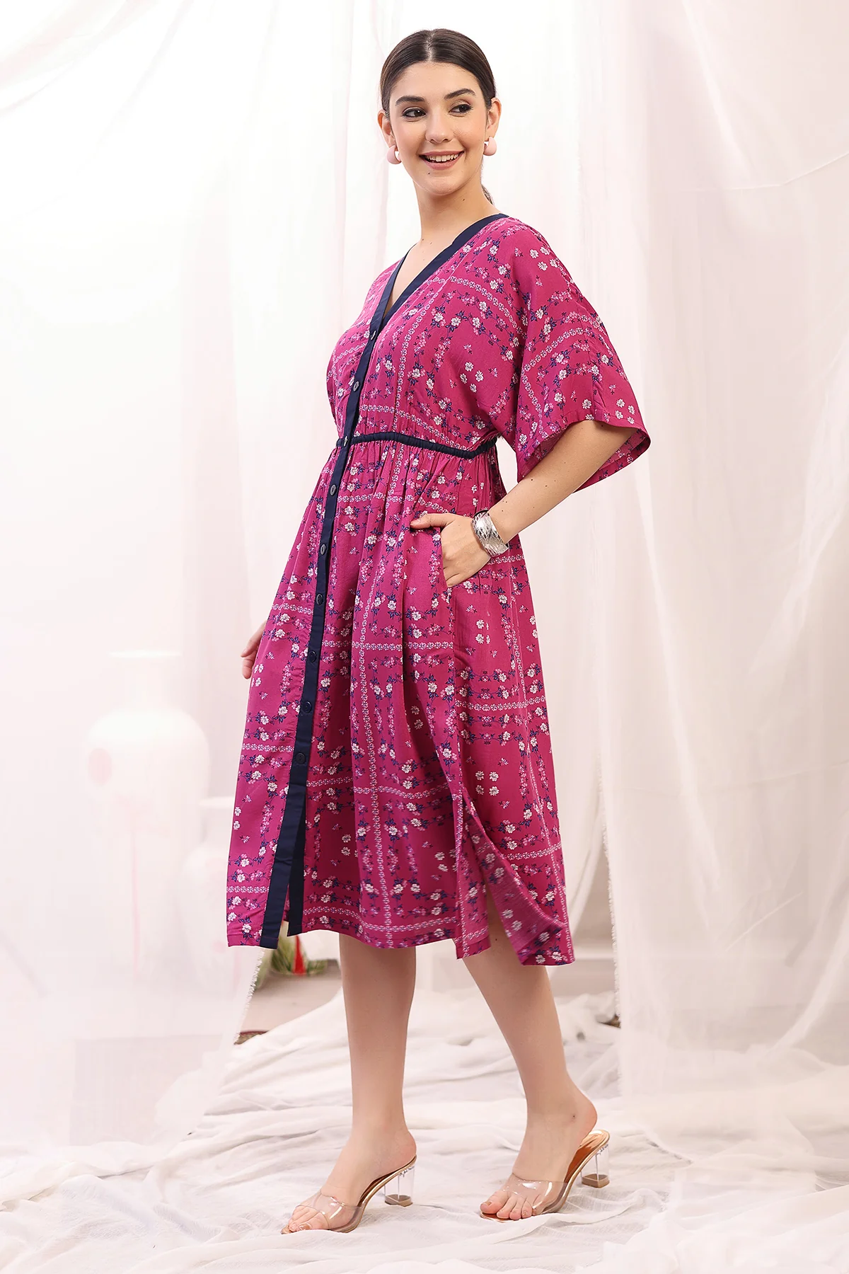 Floral Printed Zipless Feeding Shirtdress - Pink - Image 5