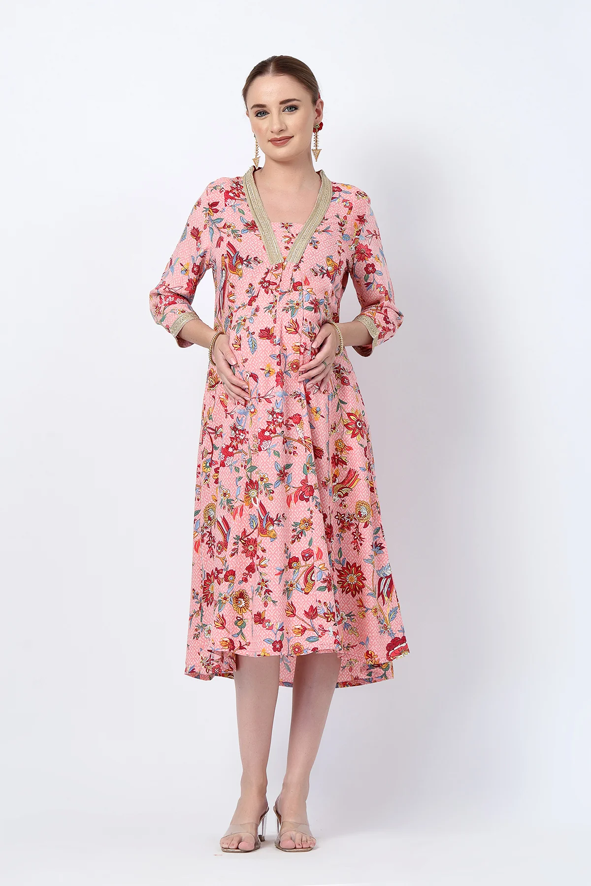 Floral Rayon Midi Dress with Feeding Zip and Pockets - Dusty Pink - Image 10