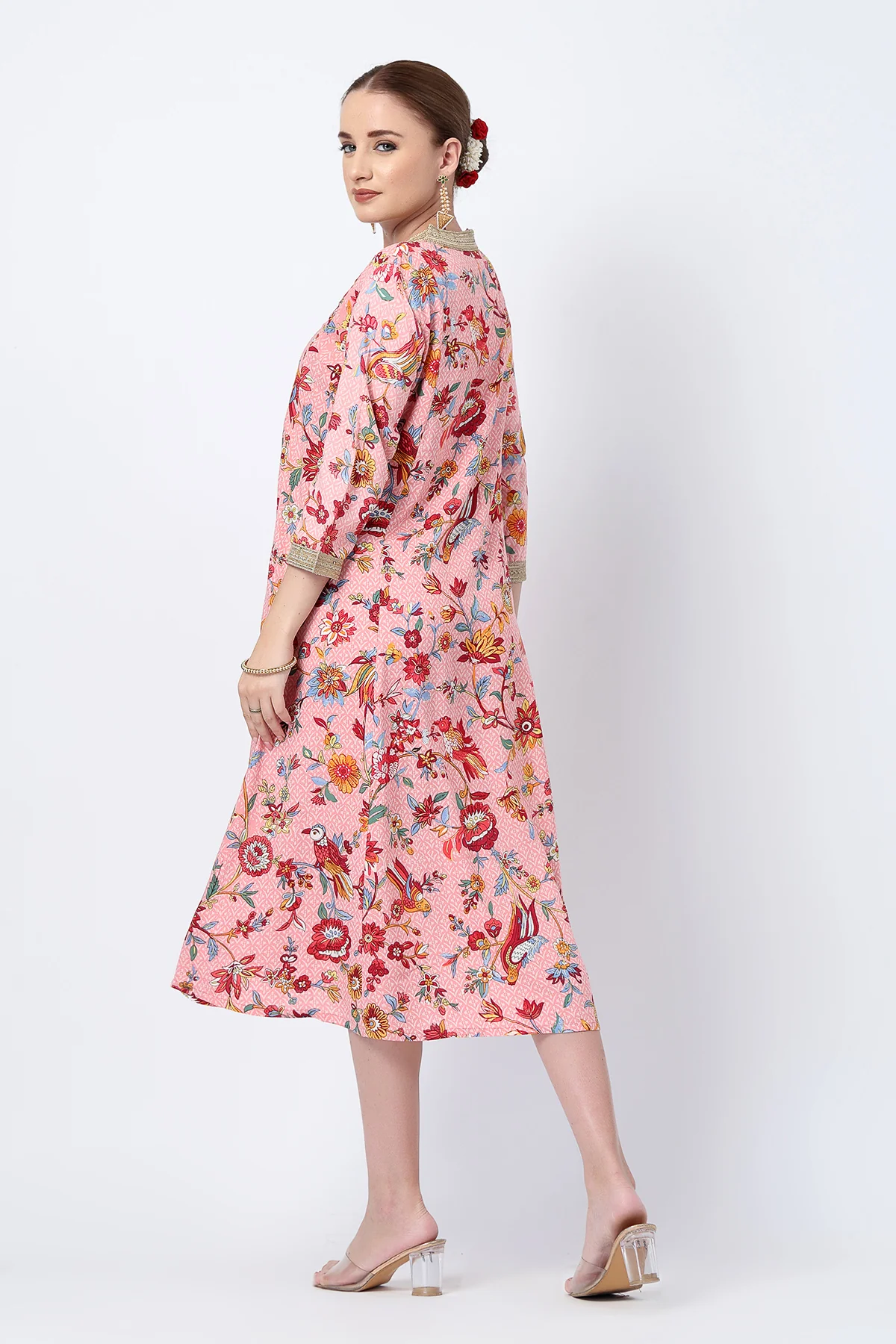Floral Rayon Midi Dress with Feeding Zip and Pockets - Dusty Pink - Image 3