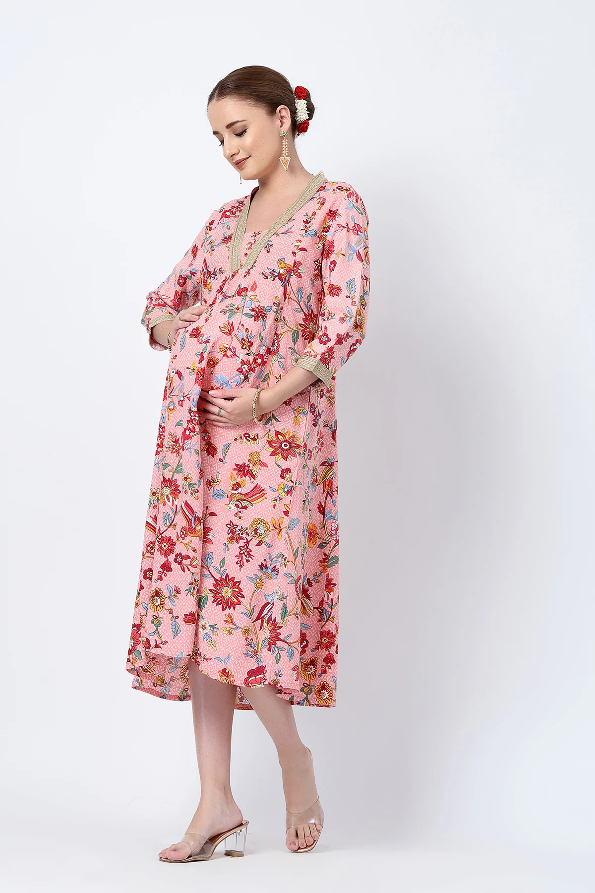 Floral Rayon Midi Dress with Feeding Zip and Pockets - Dusty Pink - Image 4