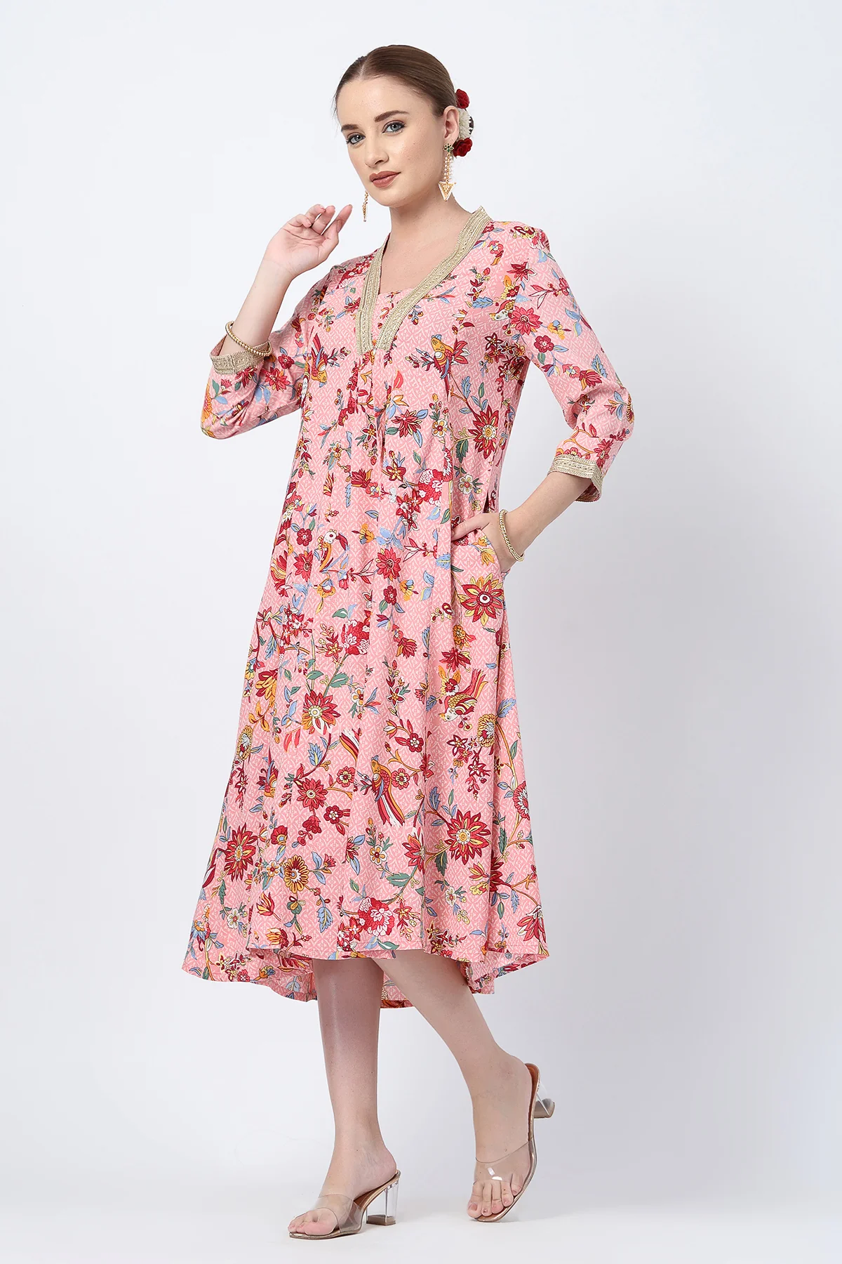 Floral Rayon Midi Dress with Feeding Zip and Pockets - Dusty Pink - Image 5
