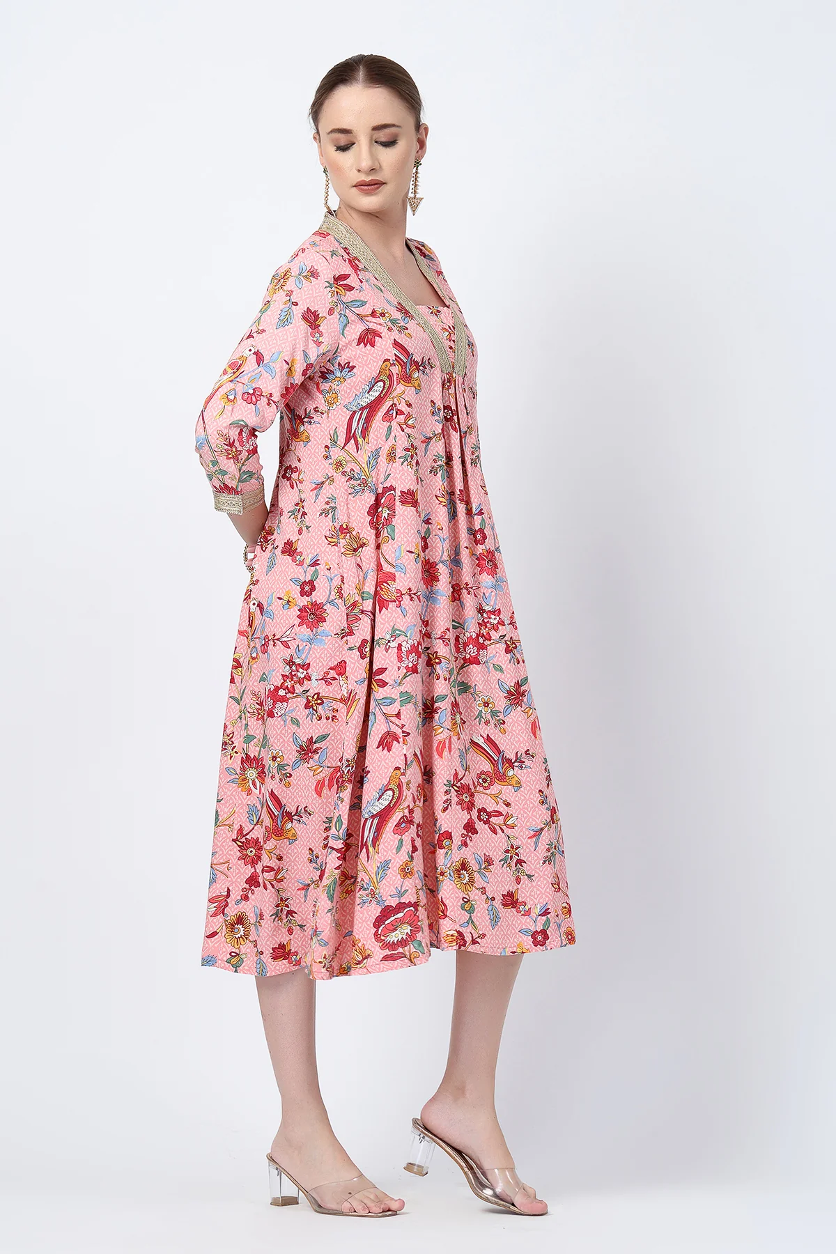 Floral Rayon Midi Dress with Feeding Zip and Pockets - Dusty Pink - Image 6