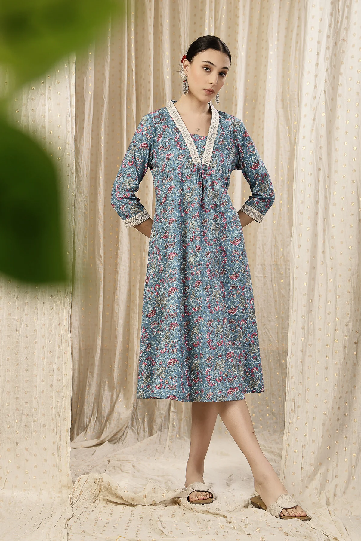Floral Rayon Midi Dress with Feeding Zip and Pockets - Teal Blue - Image 10