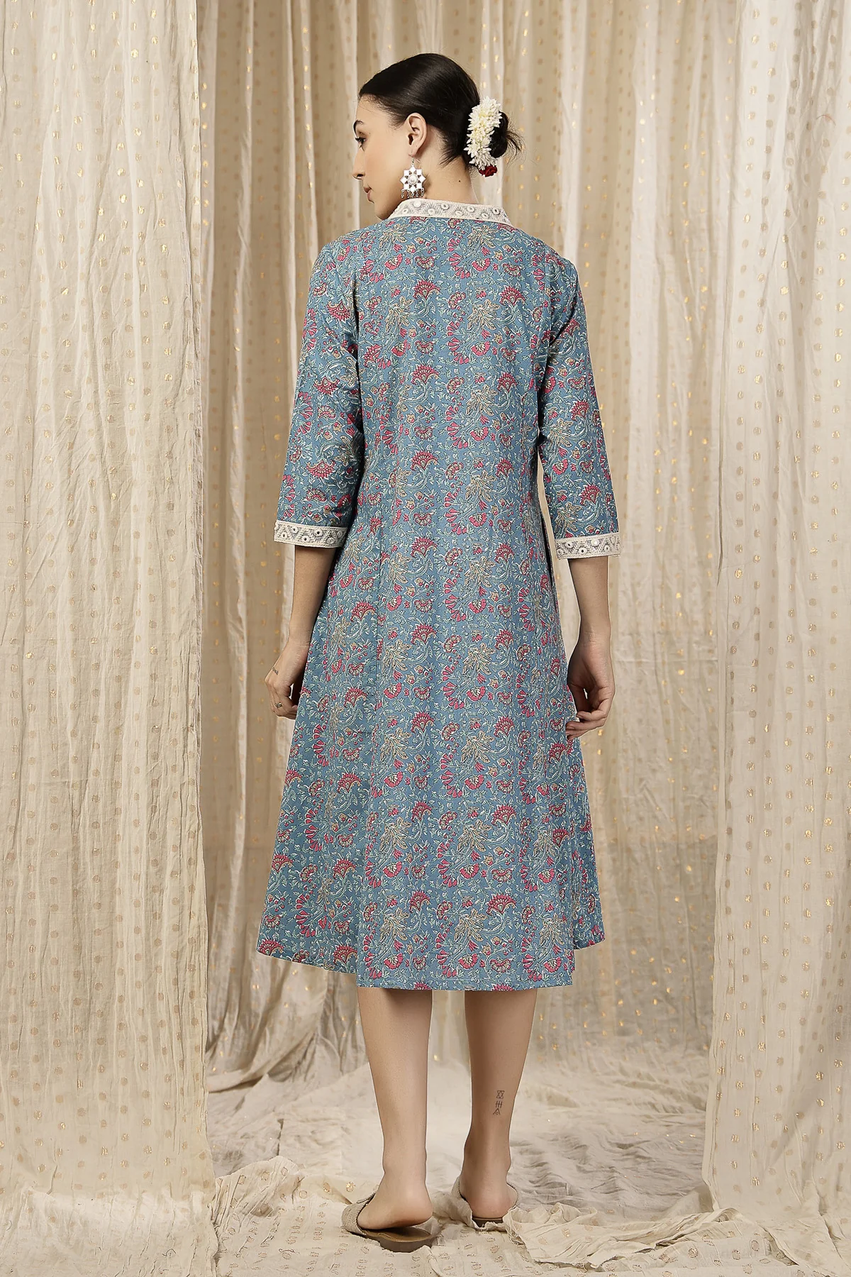 Floral Rayon Midi Dress with Feeding Zip and Pockets - Teal Blue - Image 3