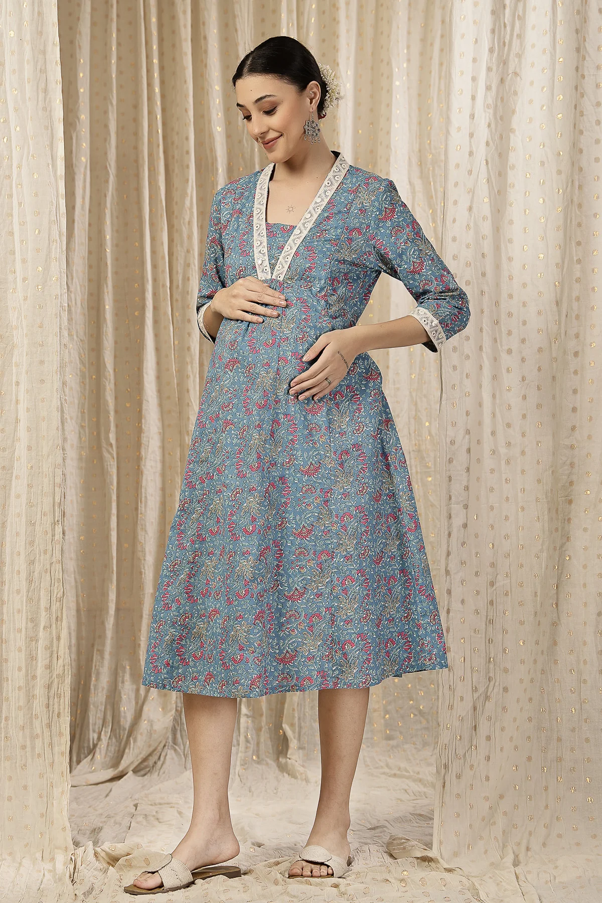 Floral Rayon Midi Dress with Feeding Zip and Pockets - Teal Blue - Image 4