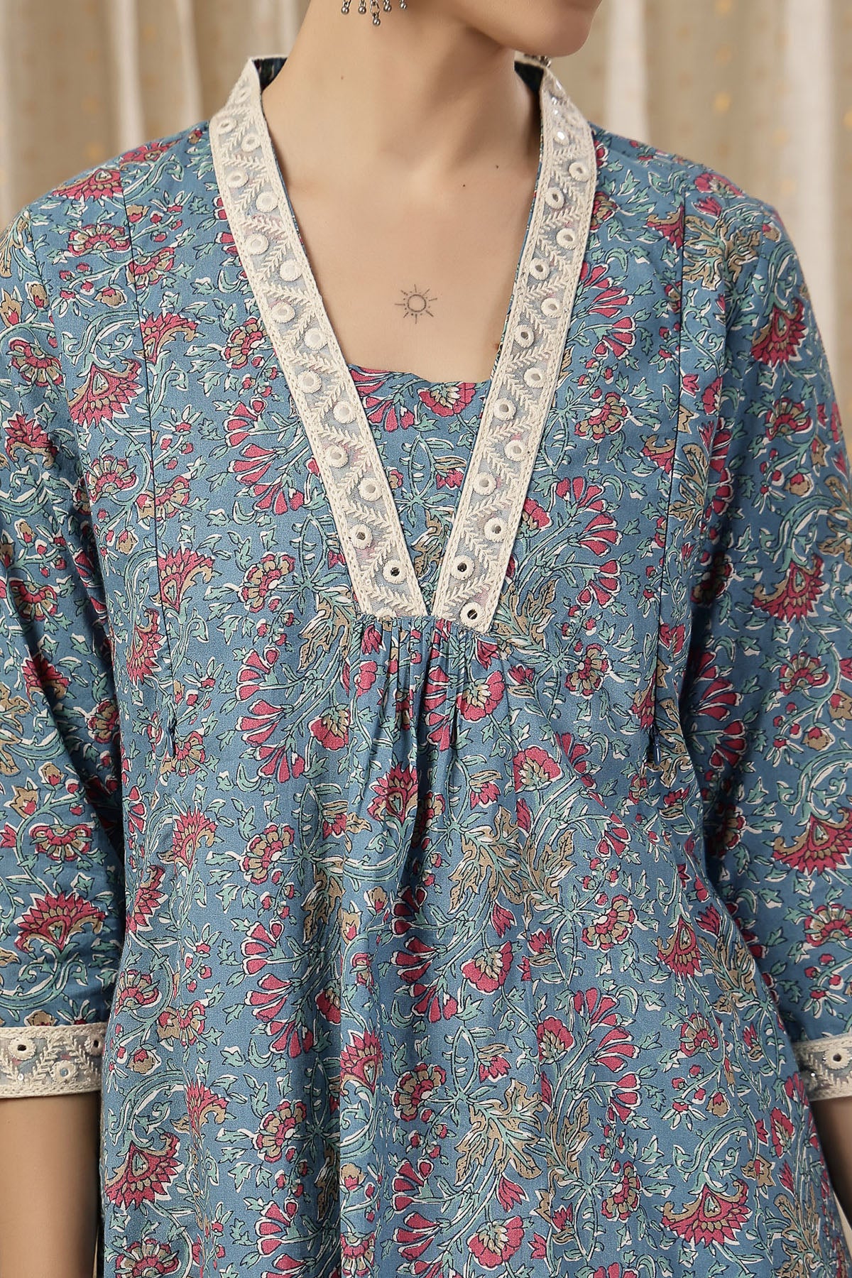 Floral Rayon Midi Dress with Feeding Zip and Pockets - Teal Blue - Image 6