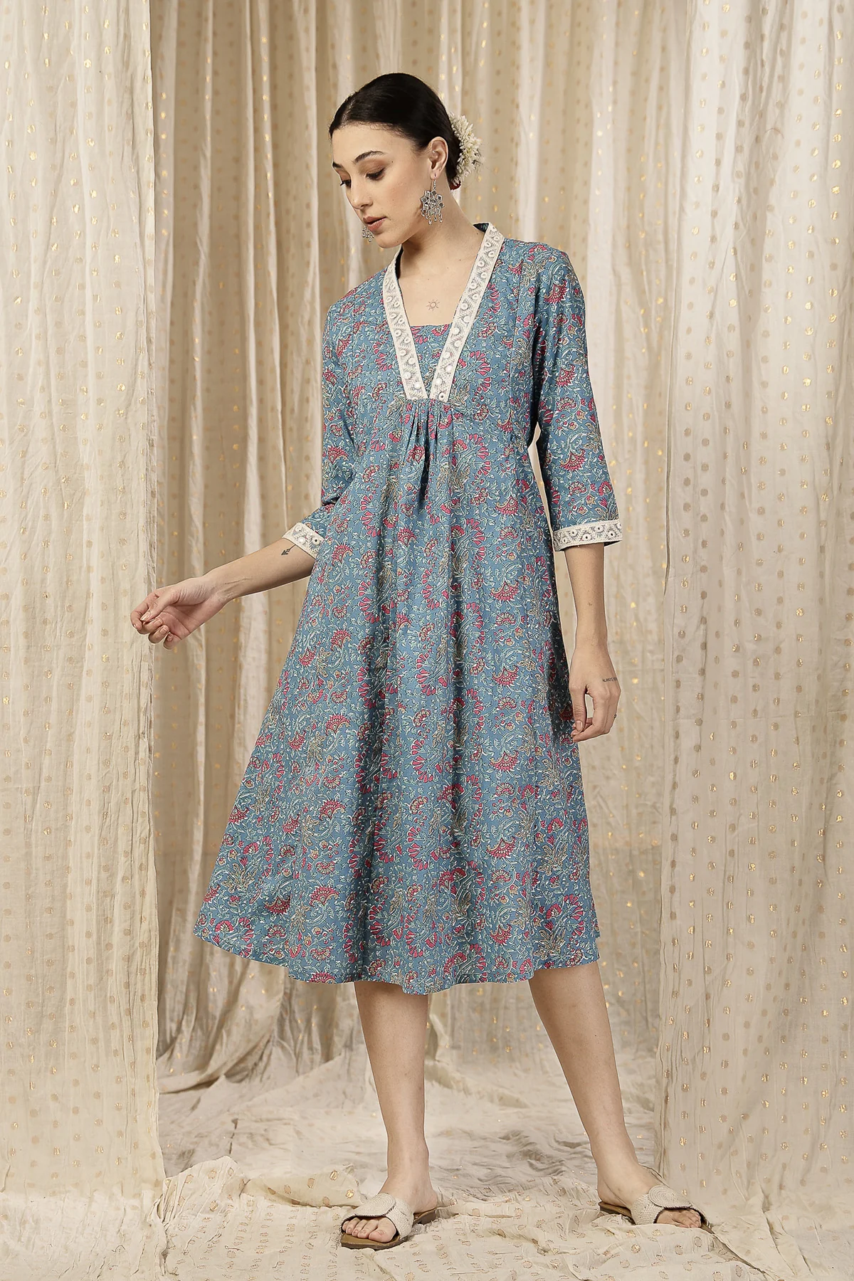 Floral Rayon Midi Dress with Feeding Zip and Pockets - Teal Blue - Image 7