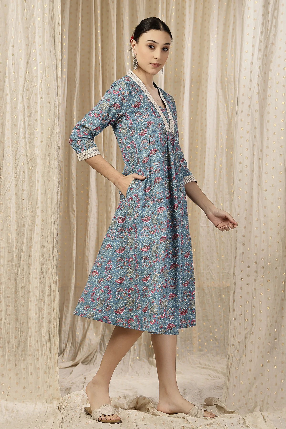 Floral Rayon Midi Dress with Feeding Zip and Pockets - Teal Blue - Image 9