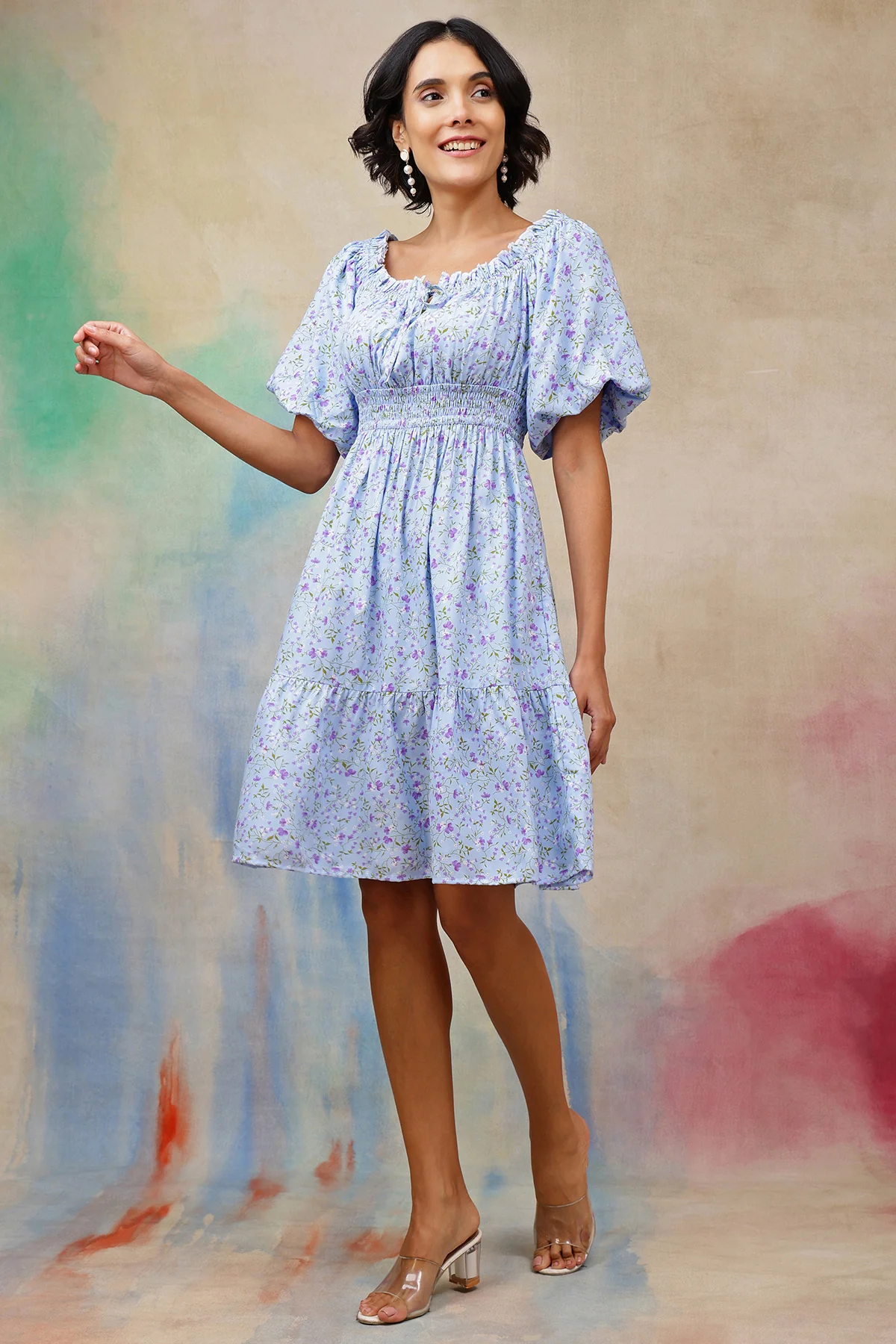 Floral Rayon Midi Dress with Zipless Feeding - Blue - Image 5