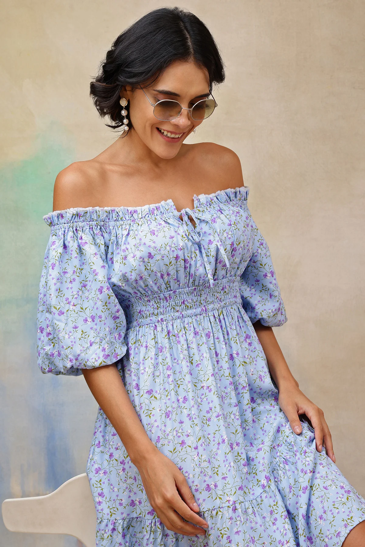 Floral Rayon Midi Dress with Zipless Feeding - Blue - Image 6