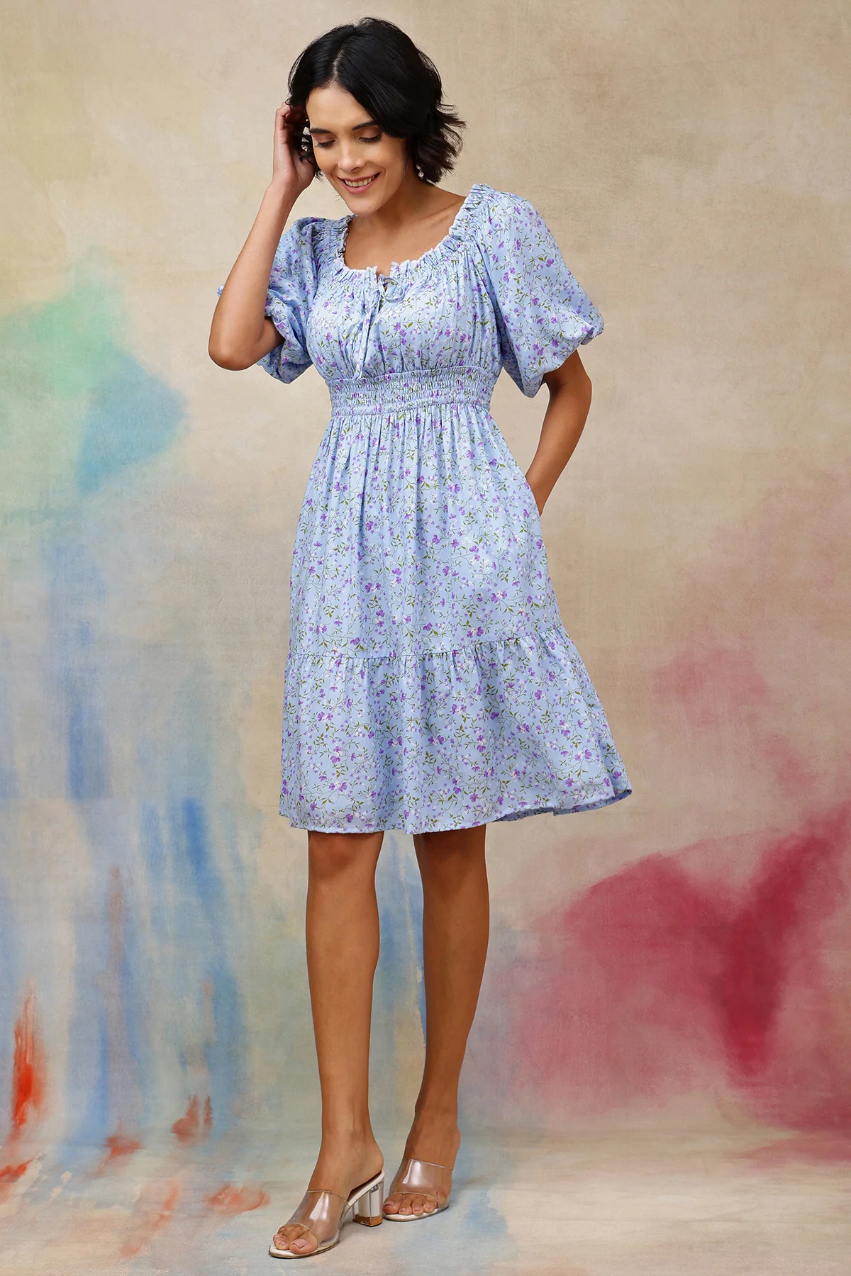 Floral Rayon Midi Dress with Zipless Feeding - Blue - Image 7