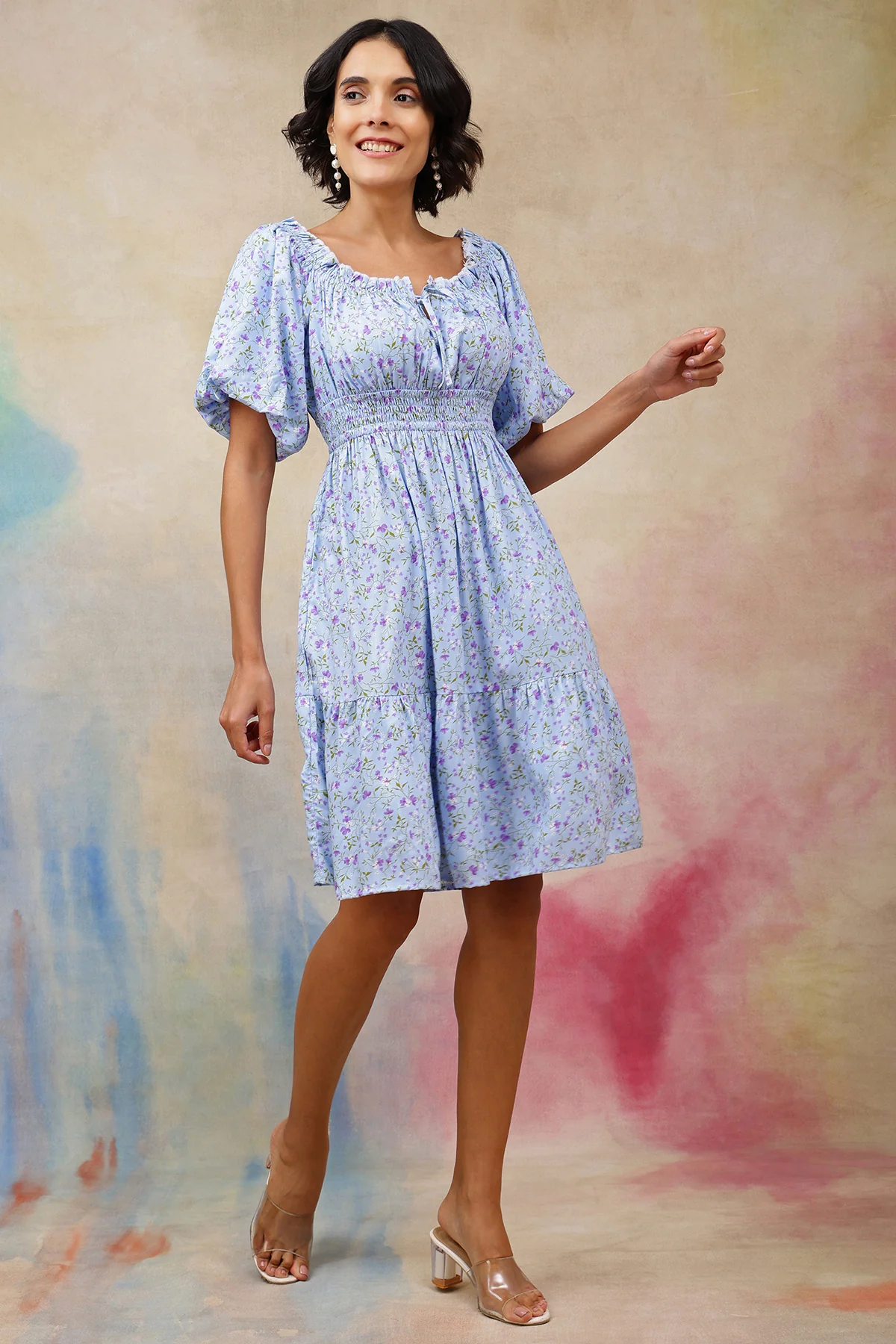 Floral Rayon Midi Dress with Zipless Feeding - Blue - Image 9